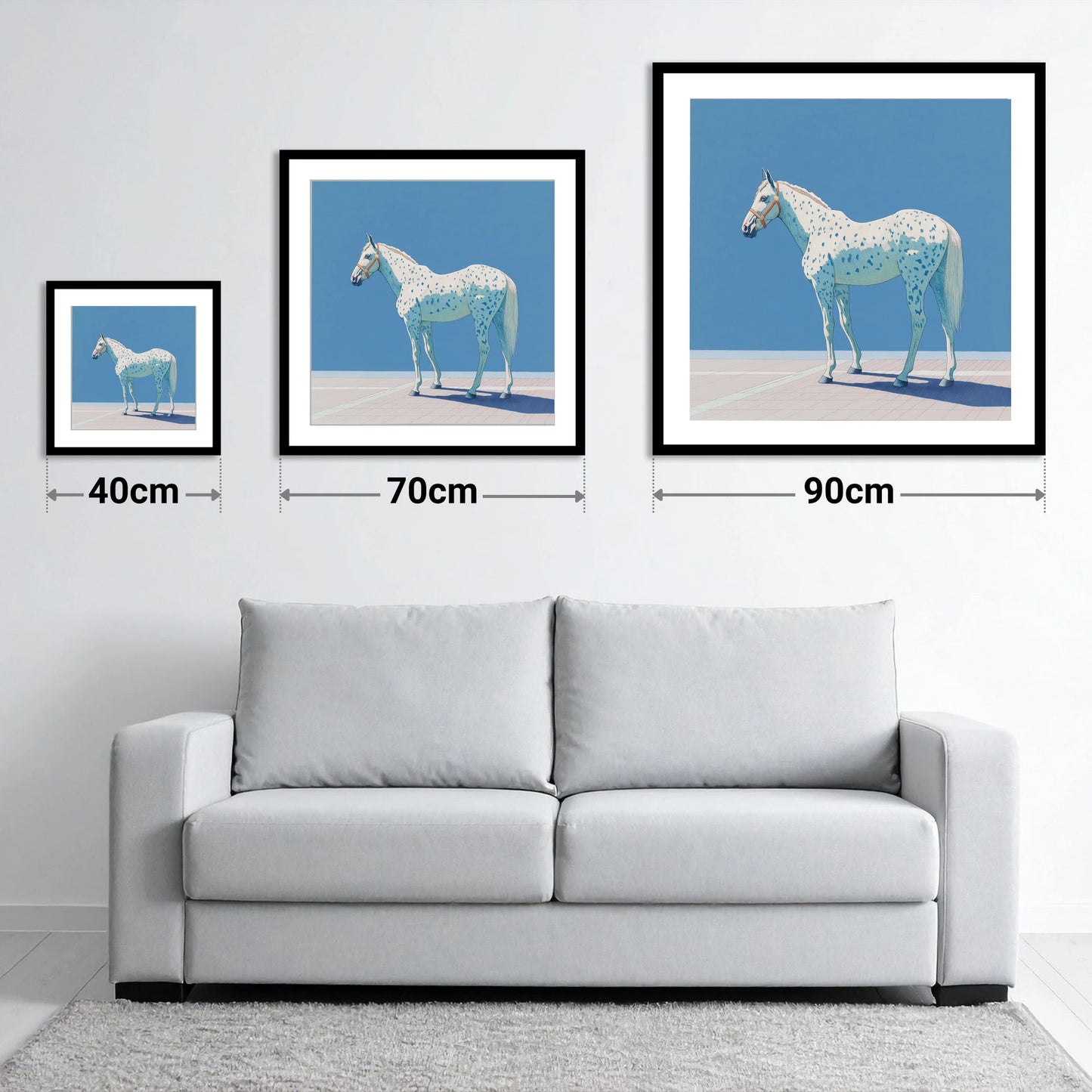 Appaloosa in Cerulean - size guide showing 40cm, 70cm and 90cm art prints