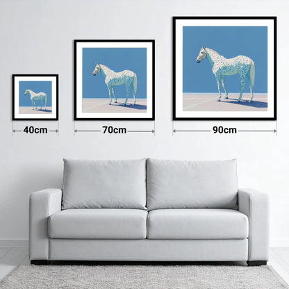 Appaloosa in Cerulean - size guide showing 40cm, 70cm and 90cm art prints