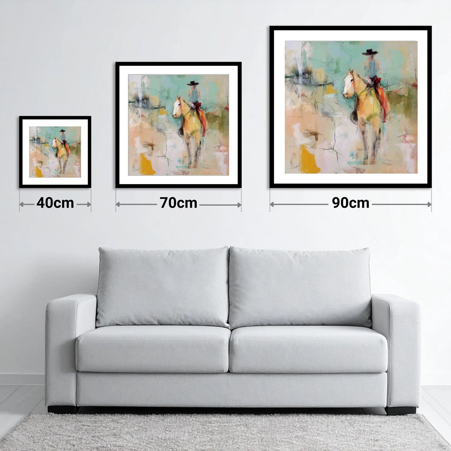 Painted Western Silhouette - size guide showing 40cm, 70cm and 90cm art prints