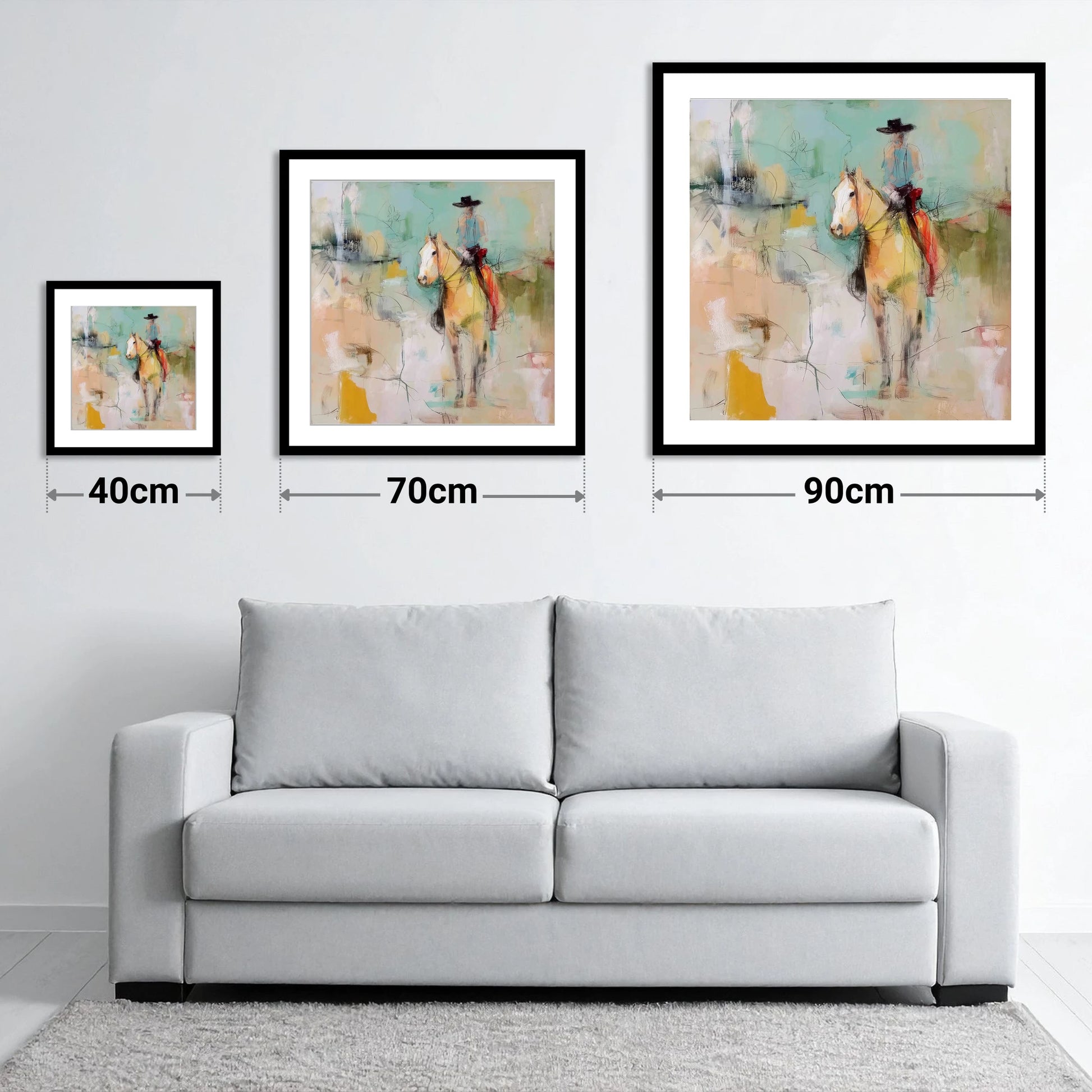 Painted Western Silhouette - size guide showing 40cm, 70cm and 90cm art prints