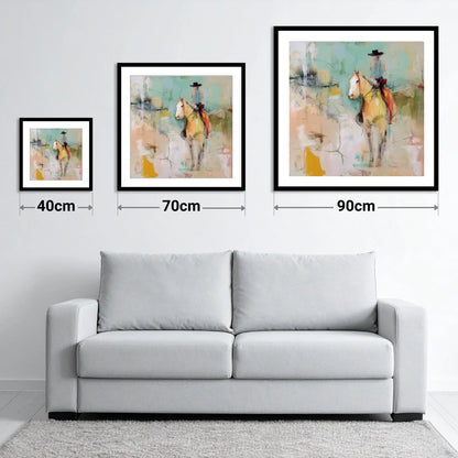 Painted Western Silhouette - size guide showing 40cm, 70cm and 90cm art prints