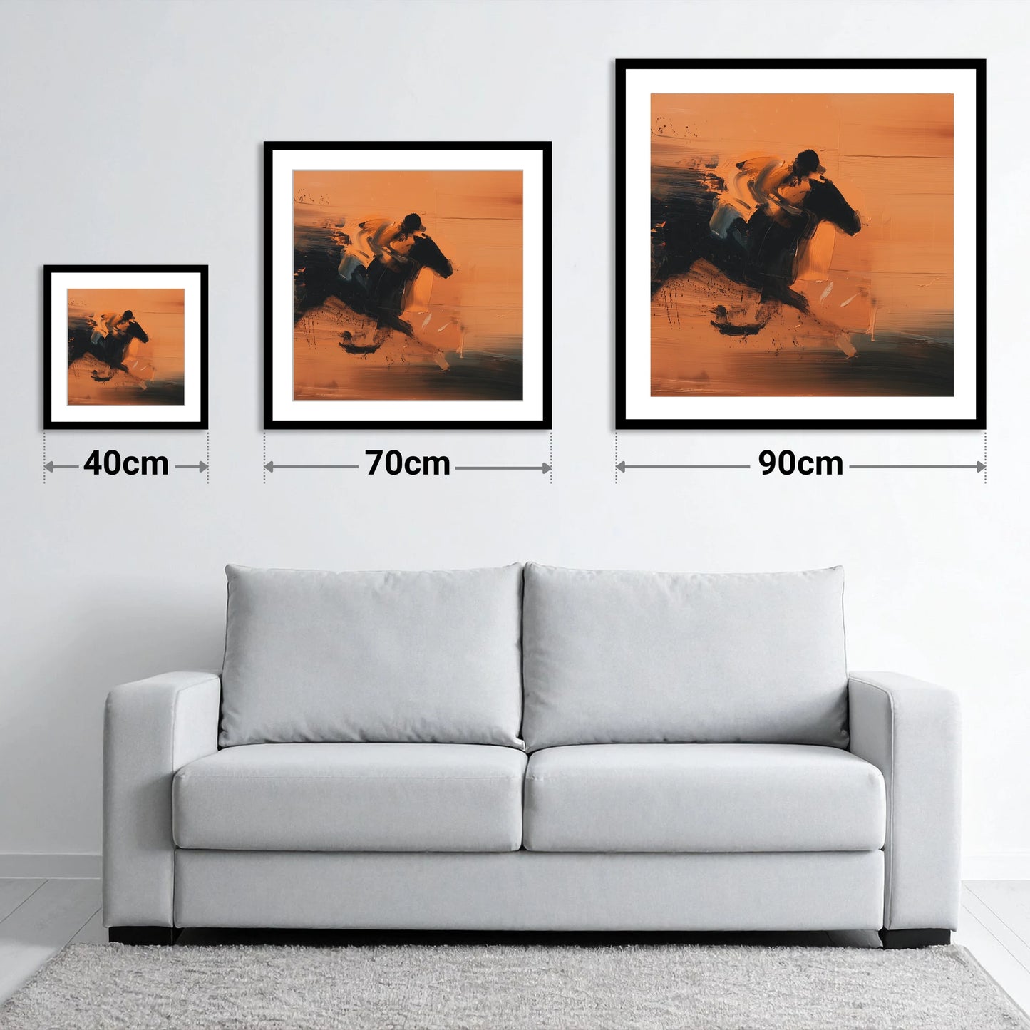 Amber Gallop - size guide showing 40cm, 70cm and 90cm art prints