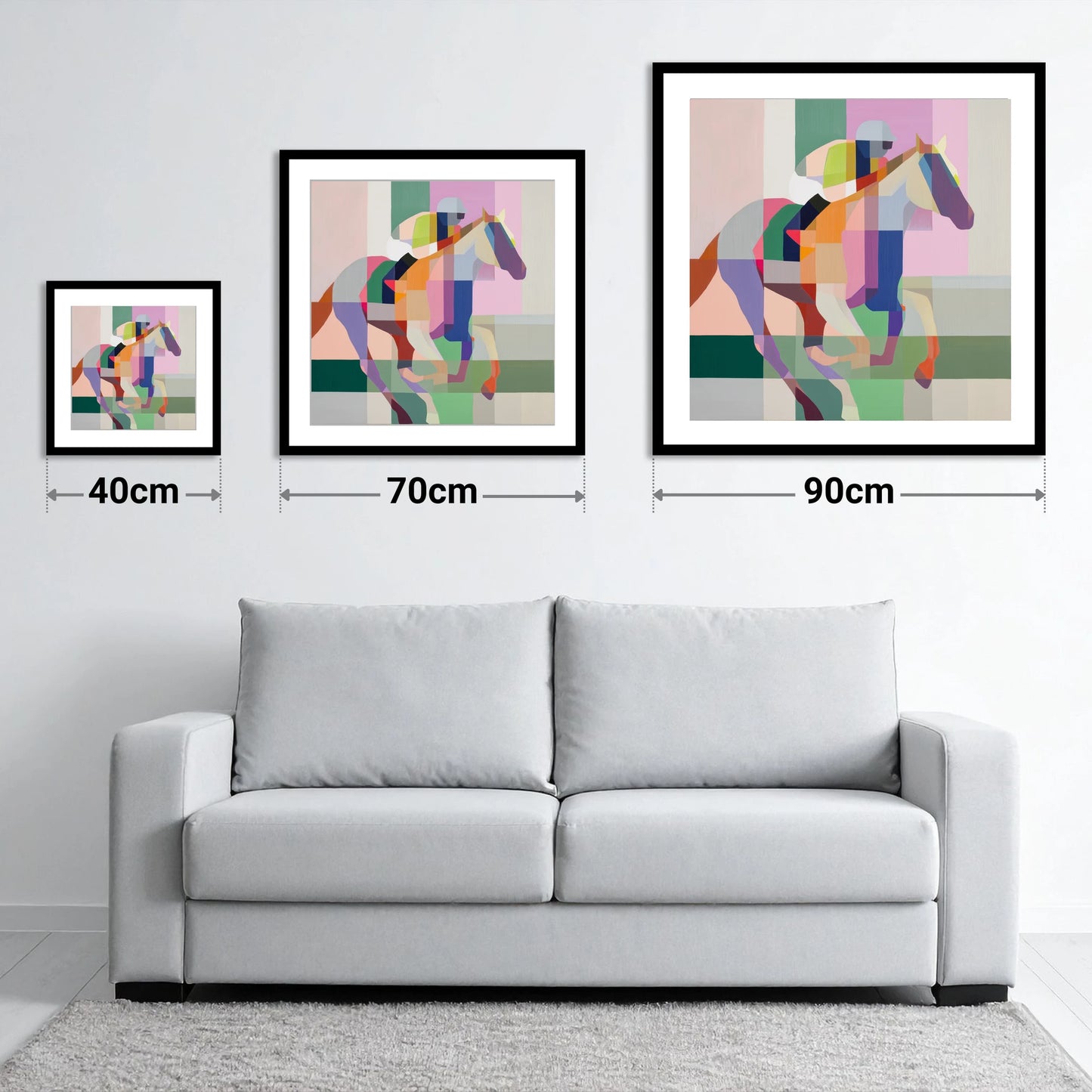 The Prismatic Gallop - size guide showing 40cm, 70cm and 90cm art prints