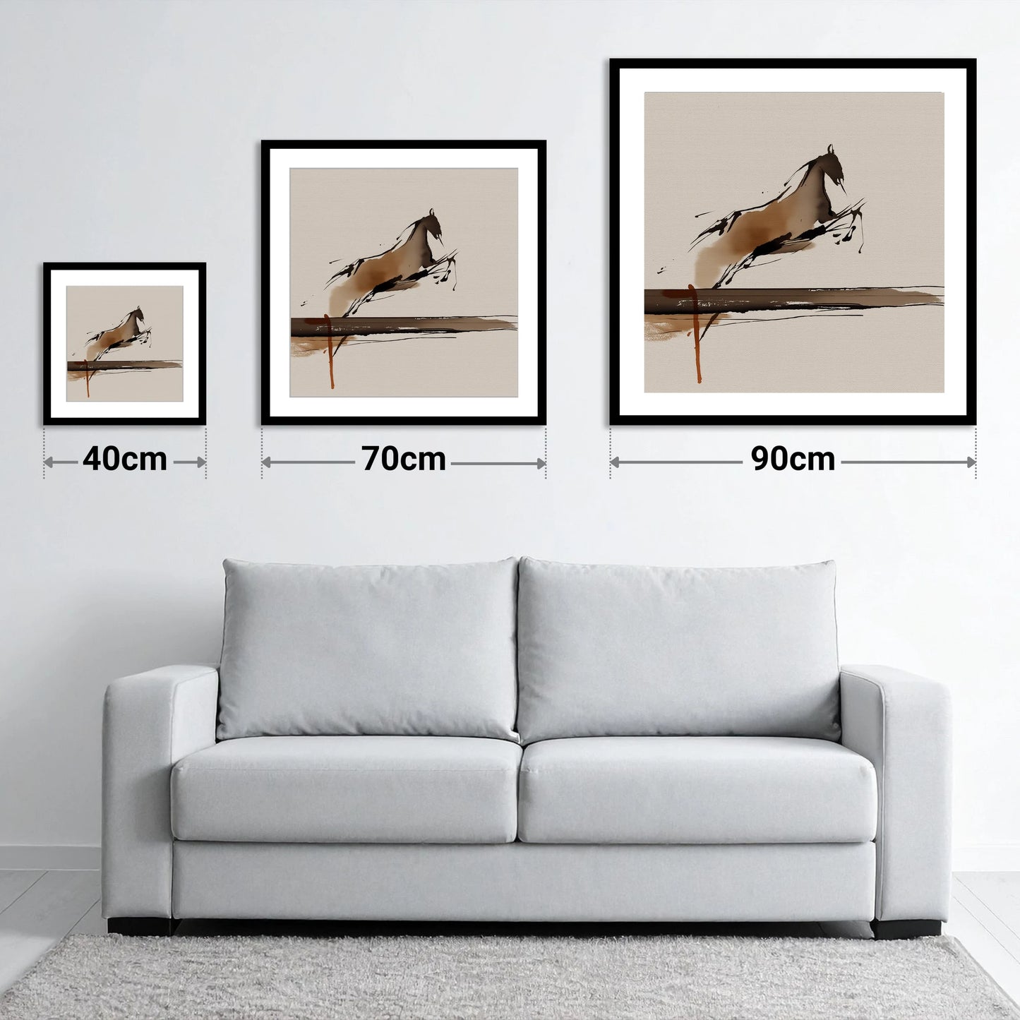 Airborne Elegance - size guide showing 40cm, 70cm and 90cm art prints