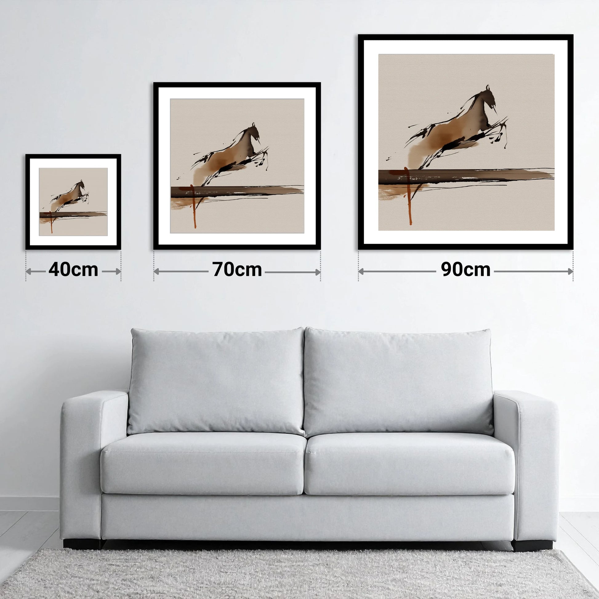 Airborne Elegance - size guide showing 40cm, 70cm and 90cm art prints