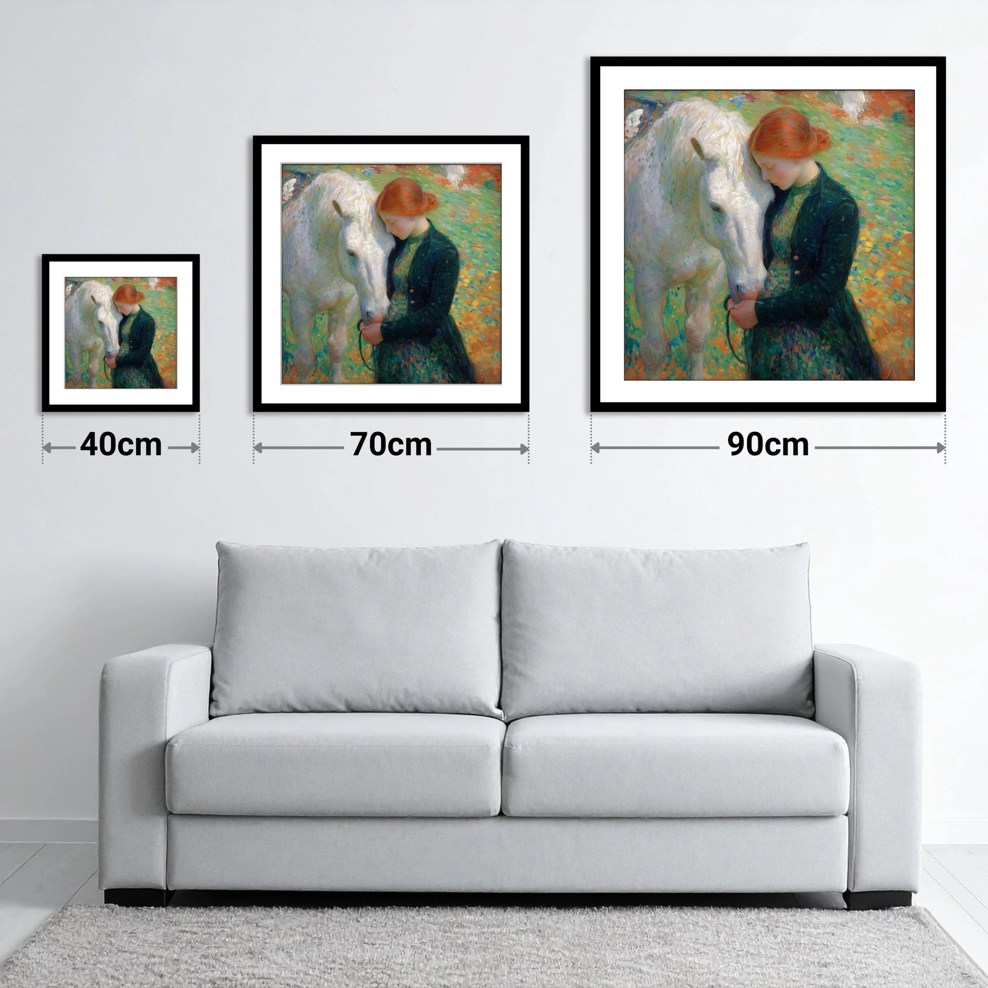 The Serene Bond - size guide showing 40cm, 70cm and 90cm art prints