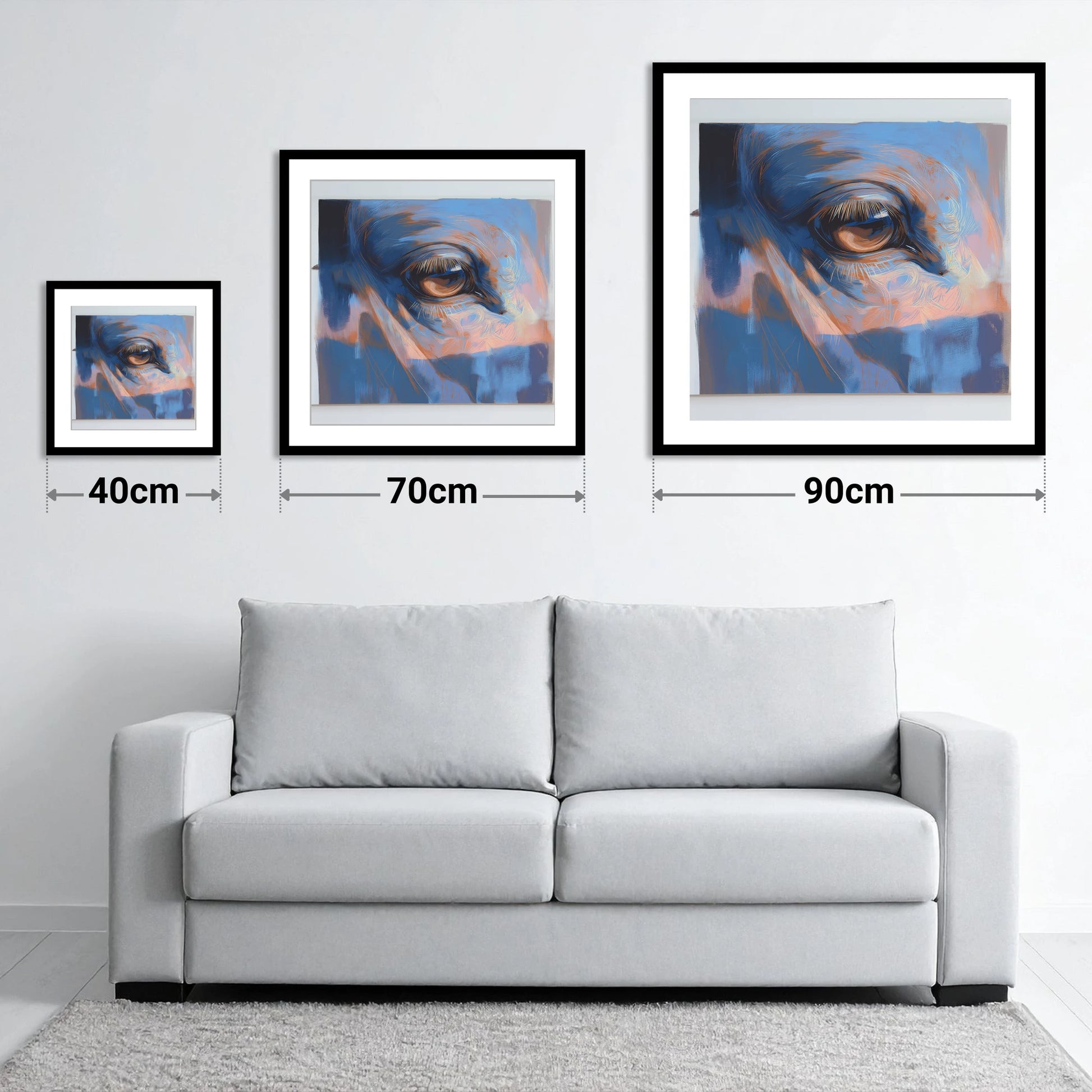 Soulful Azure Gaze - size guide showing 40cm, 70cm and 90cm art prints