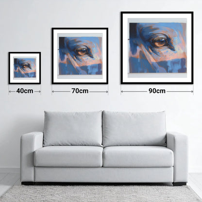 Soulful Azure Gaze - size guide showing 40cm, 70cm and 90cm art prints