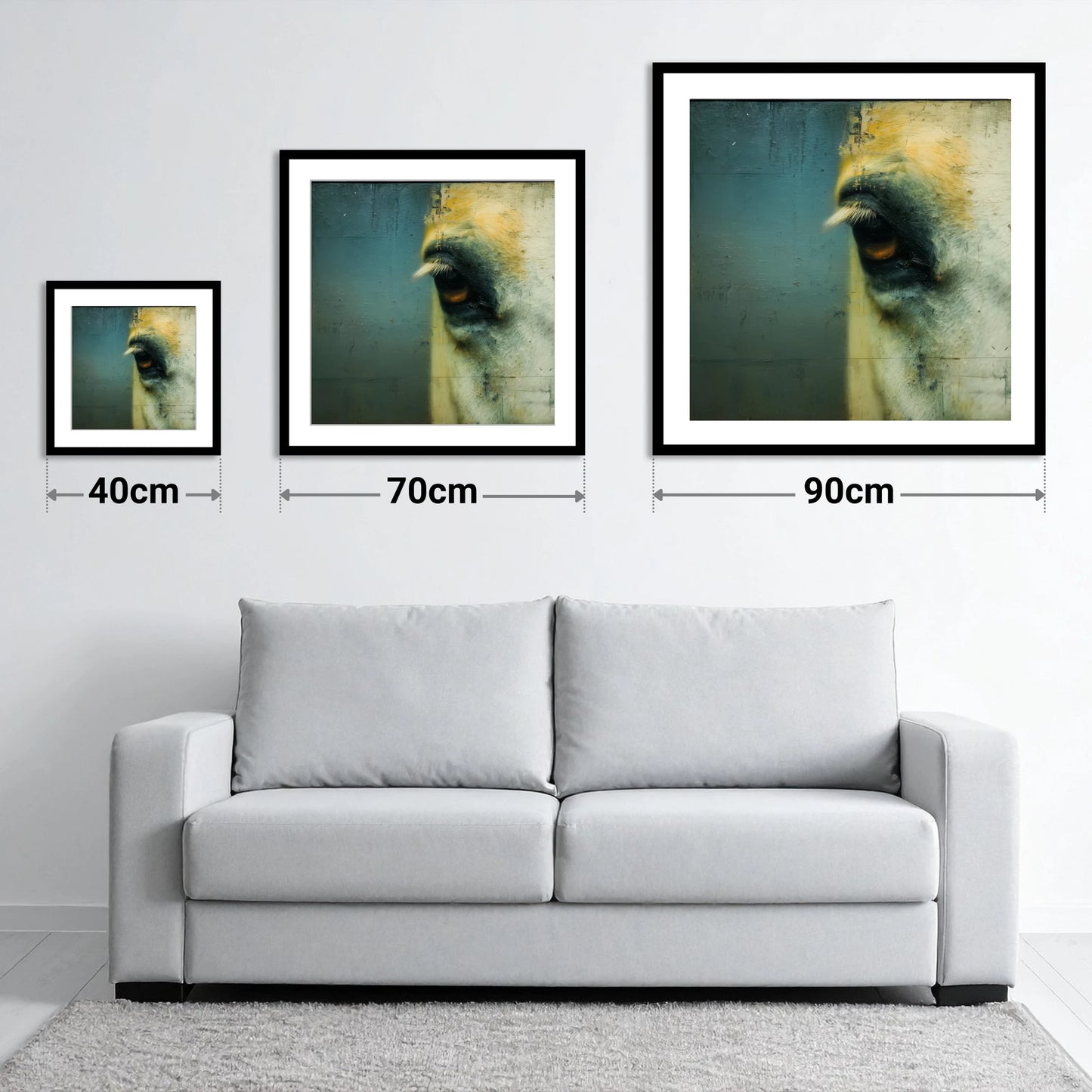 Ochre and Slate Gaze - size guide showing 40cm, 70cm and 90cm art prints