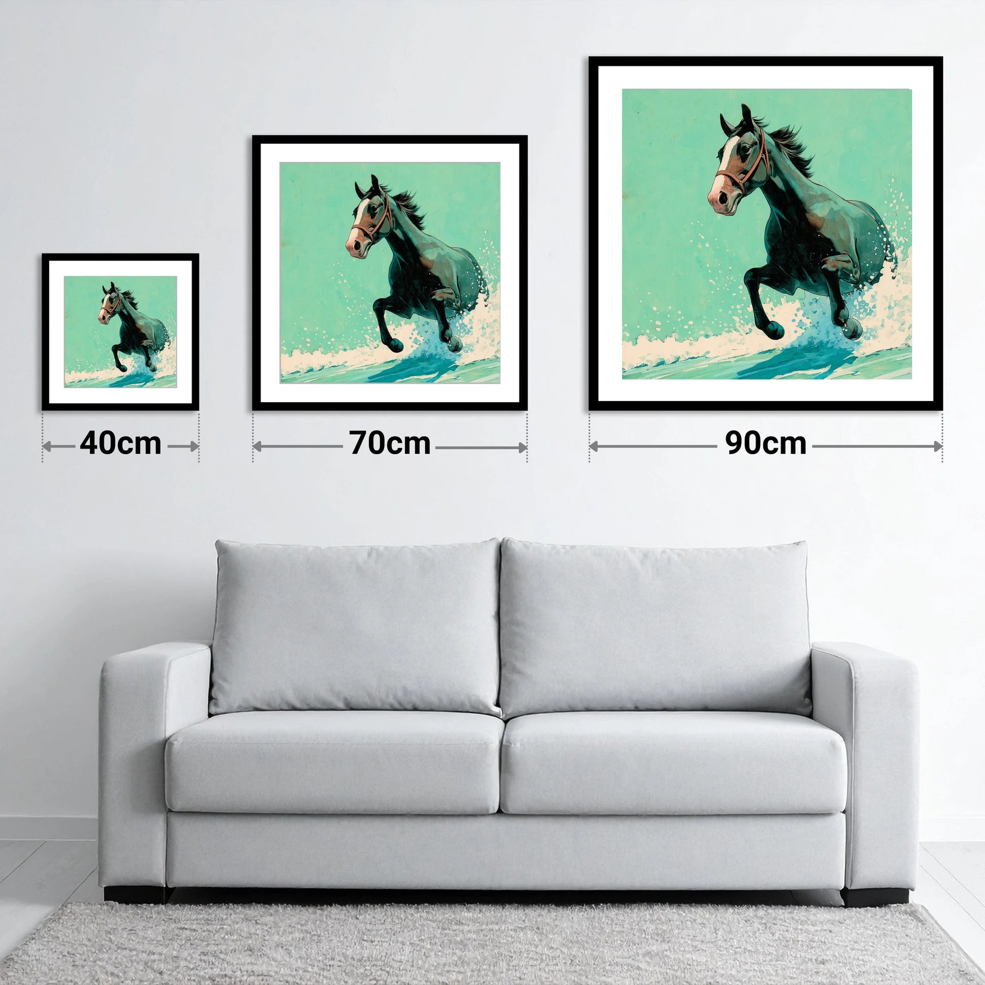 Sea Spray Gallop - size guide showing 40cm, 70cm and 90cm art prints