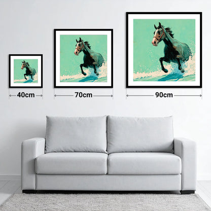 Sea Spray Gallop - size guide showing 40cm, 70cm and 90cm art prints