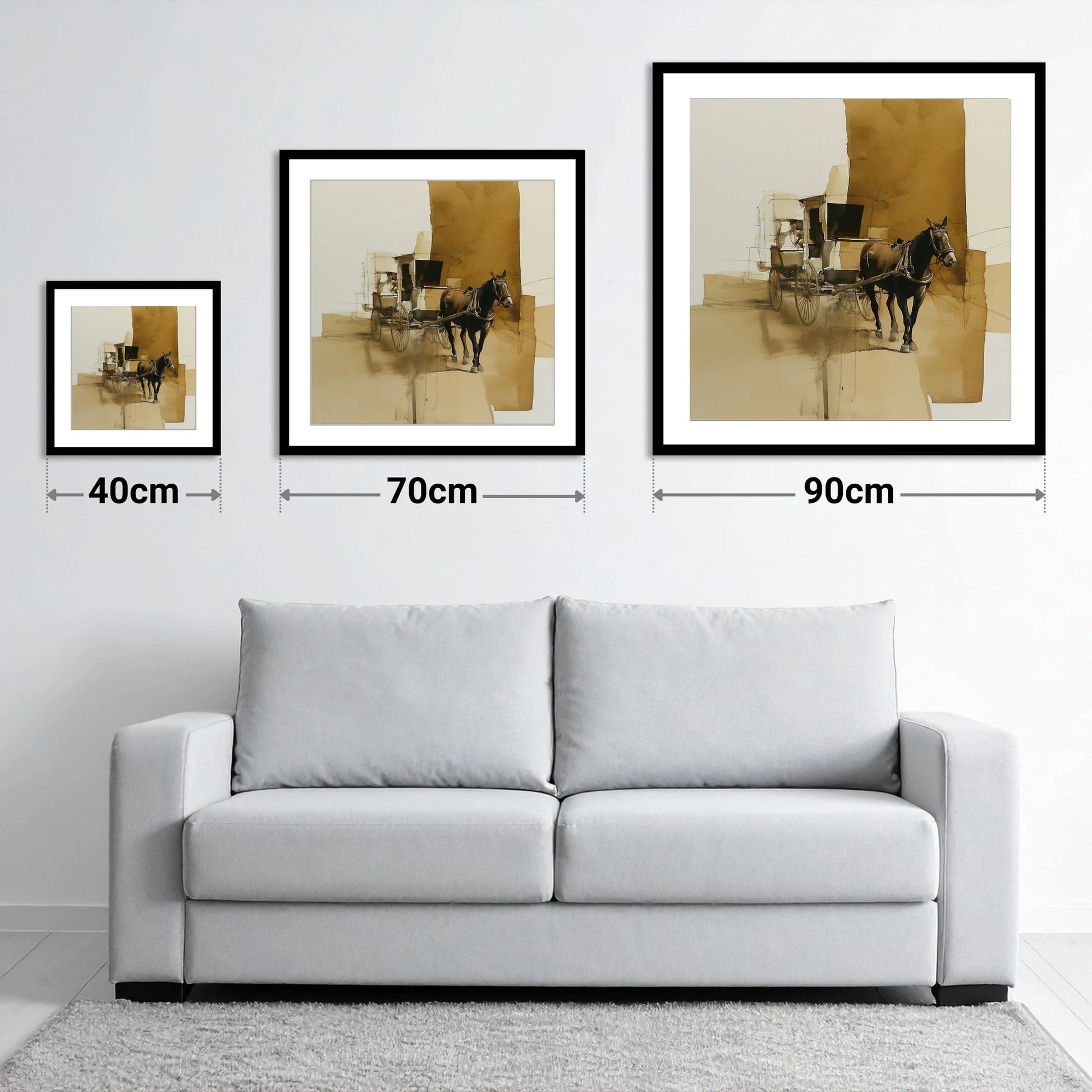 Timeless Carriage Horse - size guide showing 40cm, 70cm and 90cm art prints