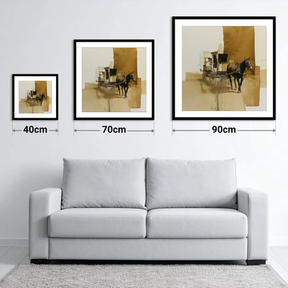 Timeless Carriage Horse - size guide showing 40cm, 70cm and 90cm art prints