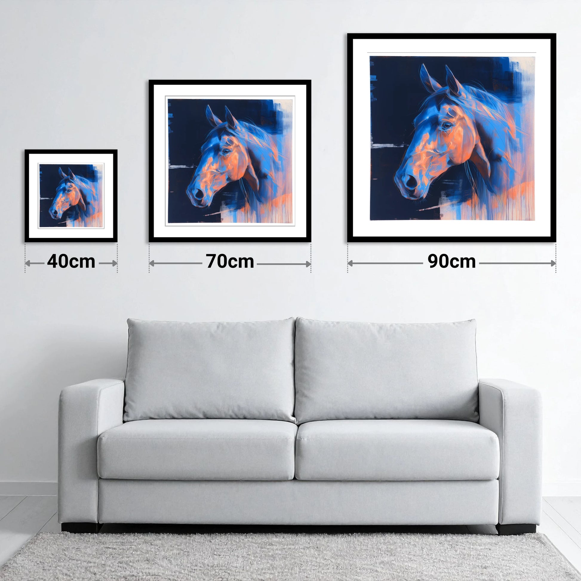 Cobalt and Copper Gaze - size guide showing 40cm, 70cm and 90cm art prints