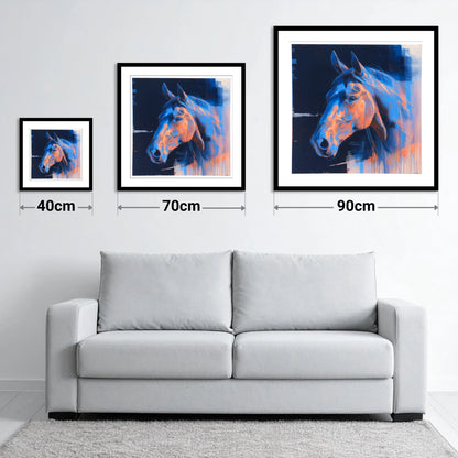 Cobalt and Copper Gaze - size guide showing 40cm, 70cm and 90cm art prints