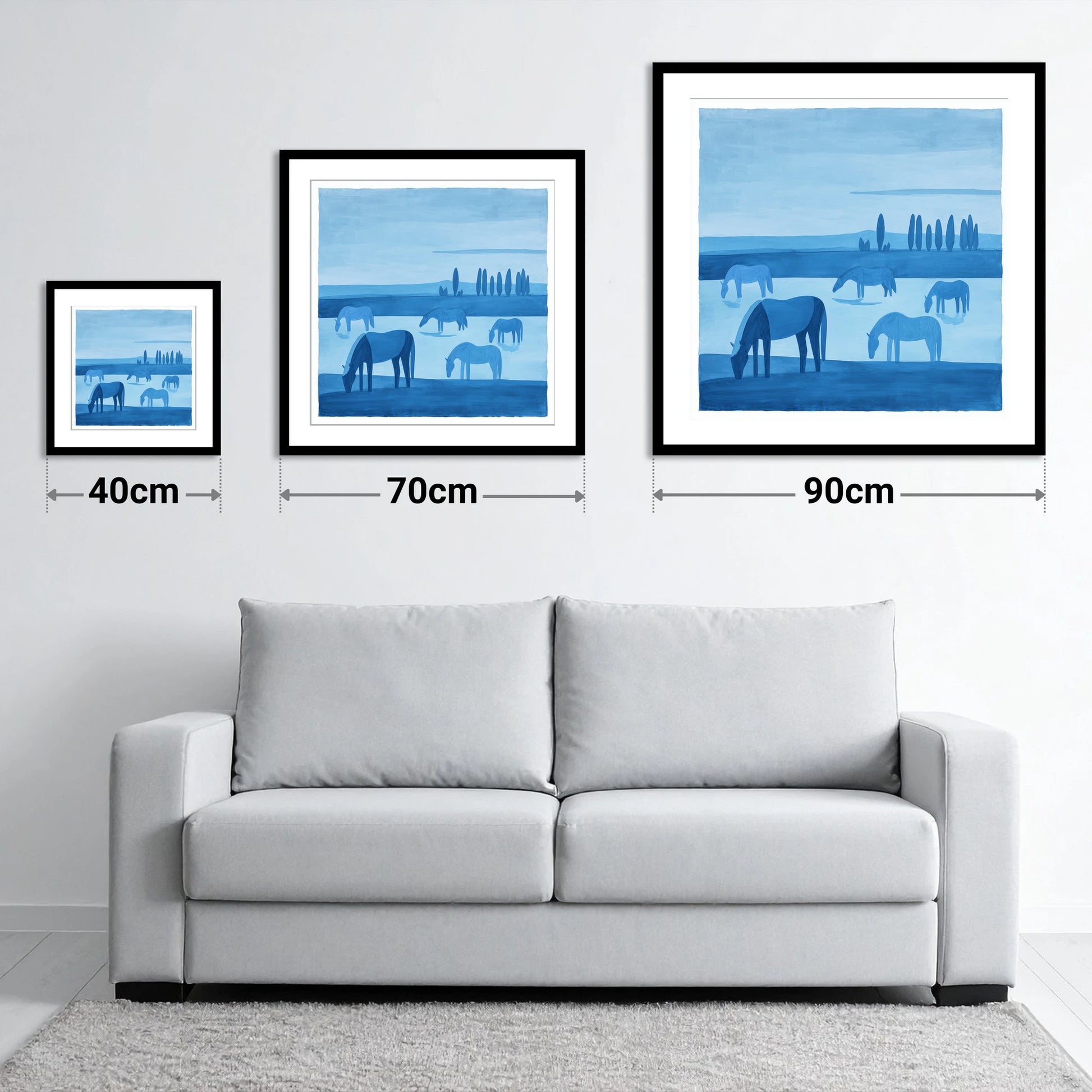 Azure Meadow Grazing - size guide showing 40cm, 70cm and 90cm art prints