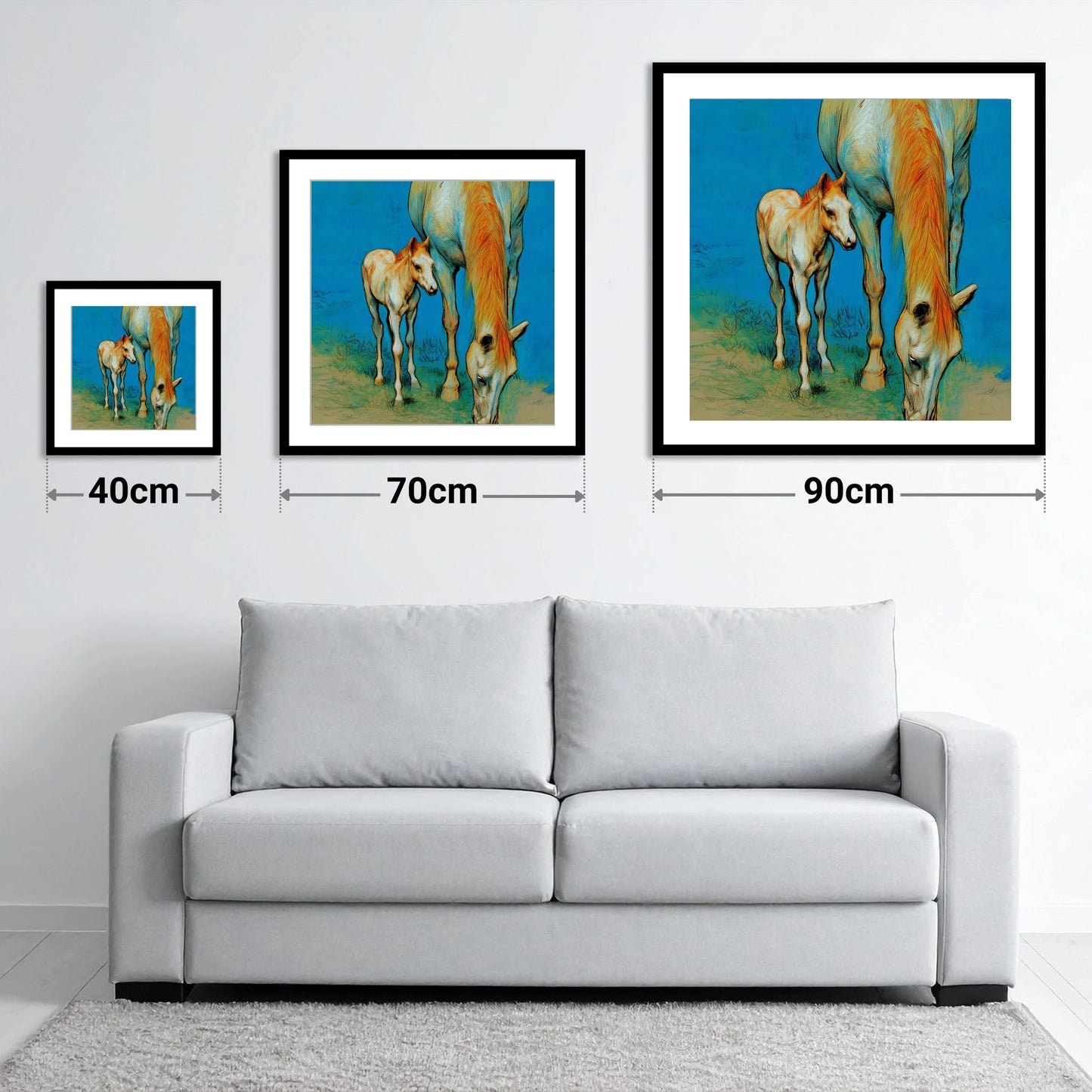 Nurture and Nature - size guide showing 40cm, 70cm and 90cm art prints