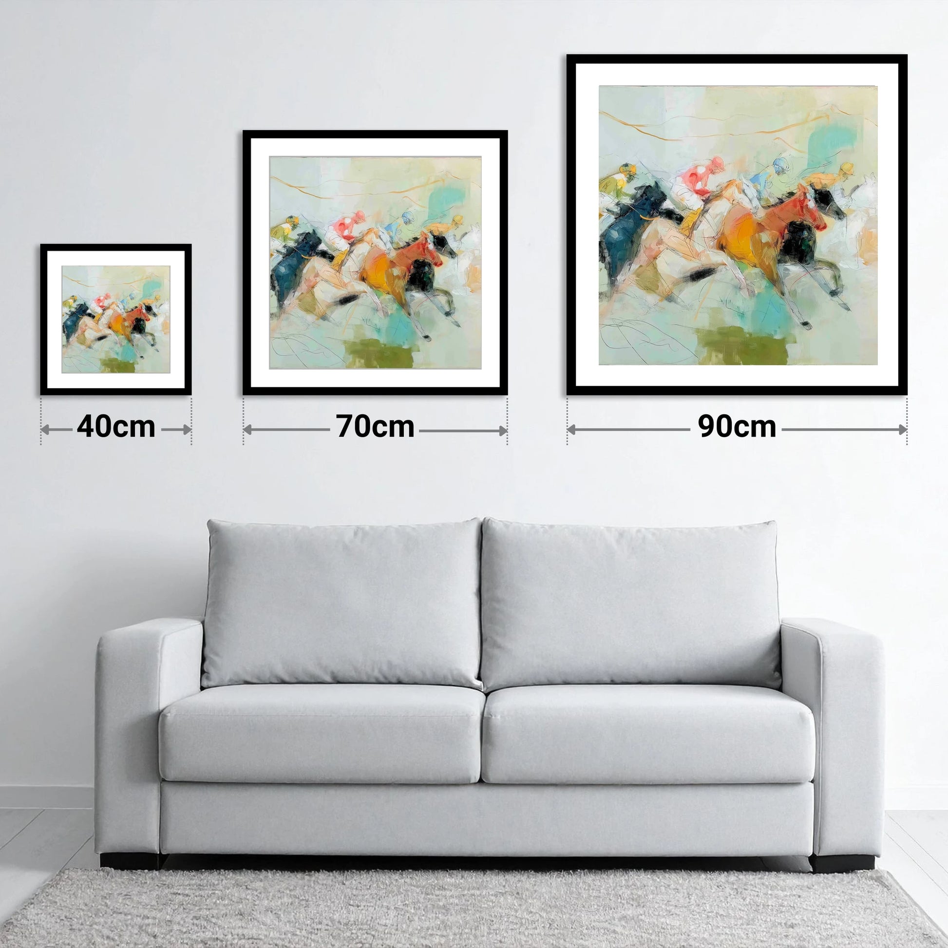 Rush to the Line - size guide showing 40cm, 70cm and 90cm art prints