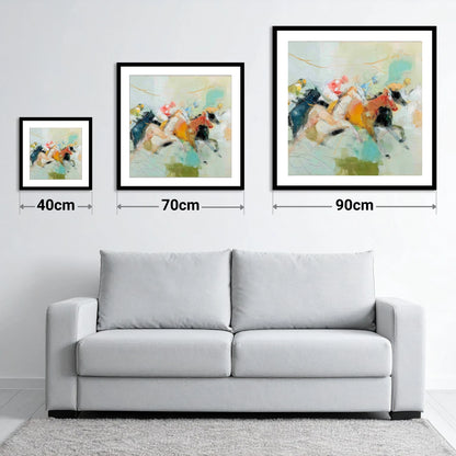 Rush to the Line - size guide showing 40cm, 70cm and 90cm art prints