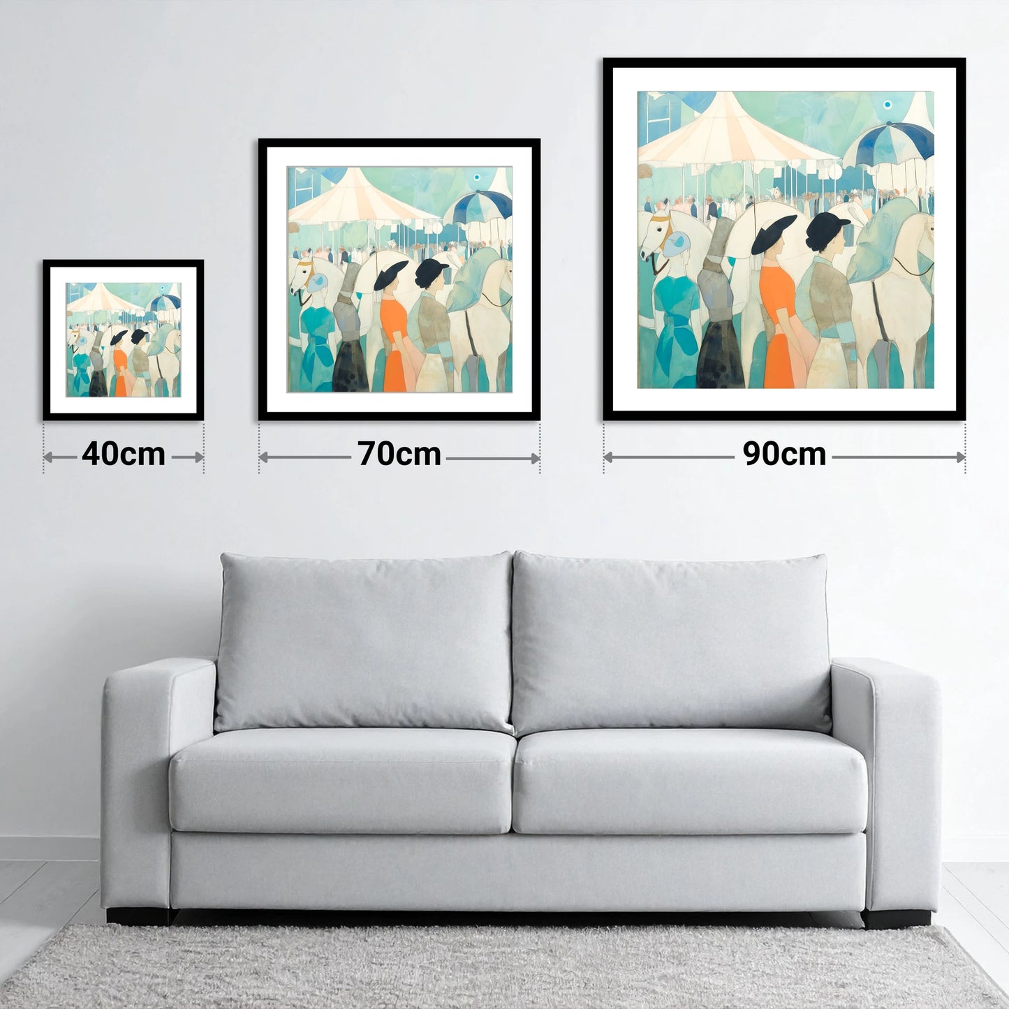 Trackside Elegance - size guide showing 40cm, 70cm and 90cm art prints