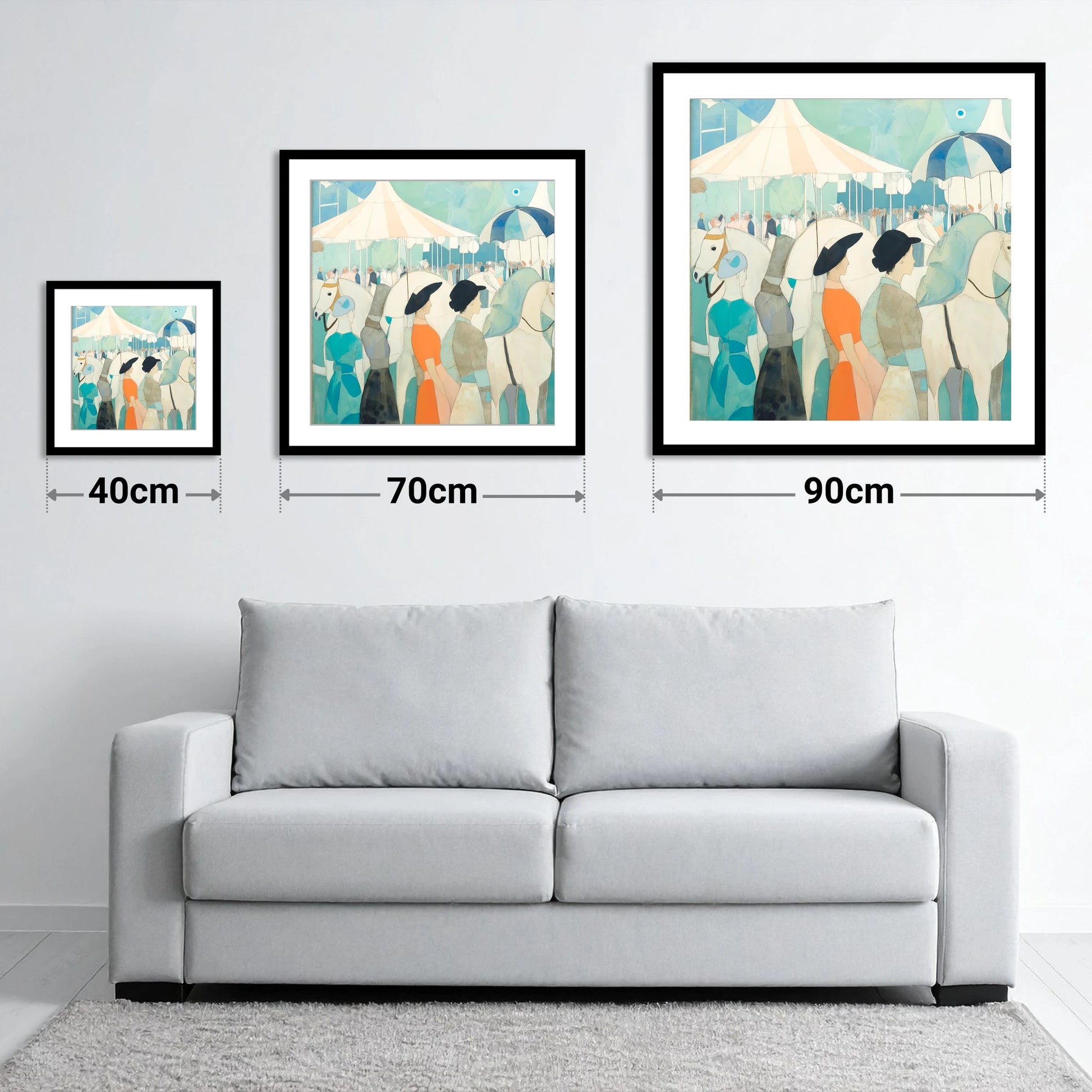 Trackside Elegance - size guide showing 40cm, 70cm and 90cm art prints