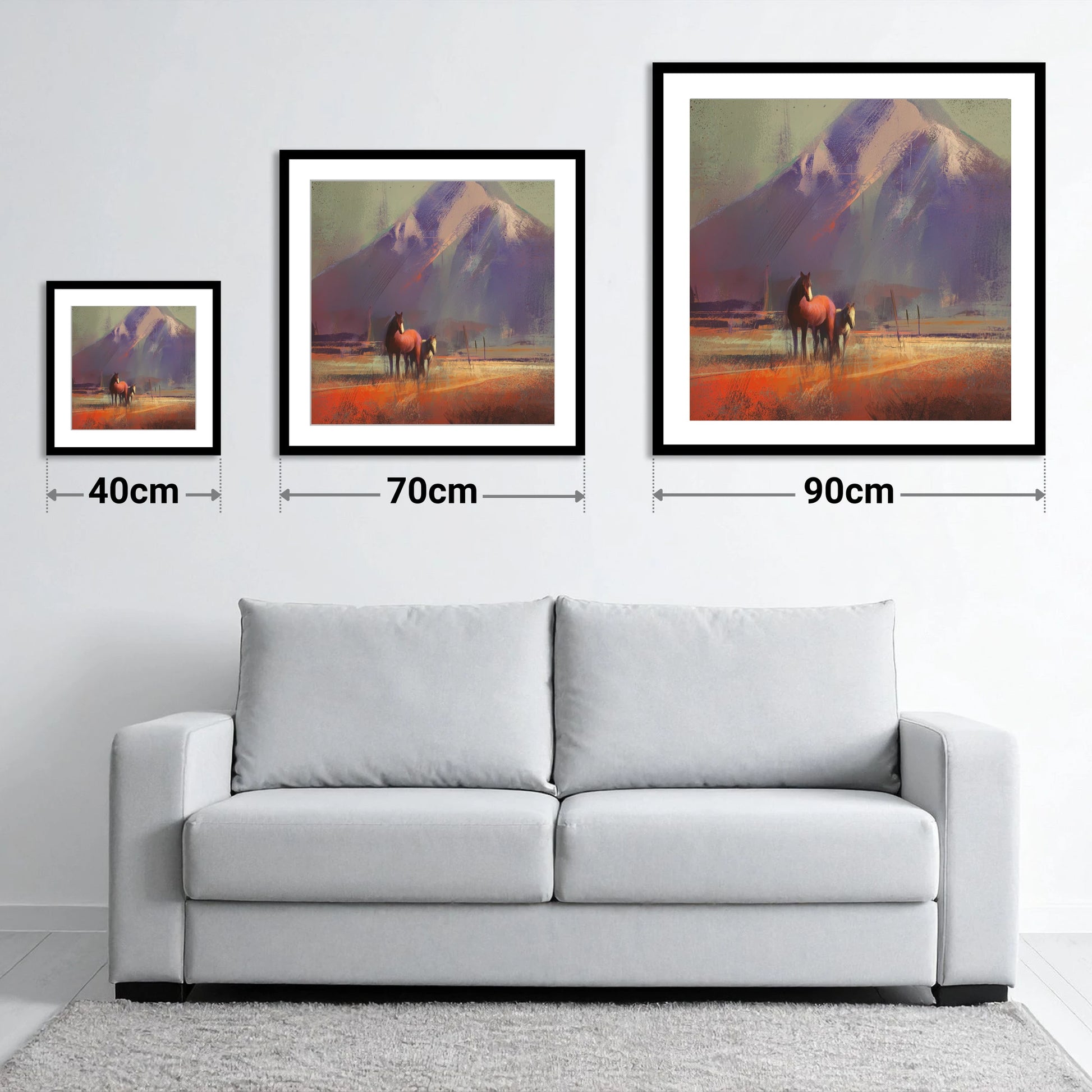 Amber Mountain Pastures - size guide showing 40cm, 70cm and 90cm art prints