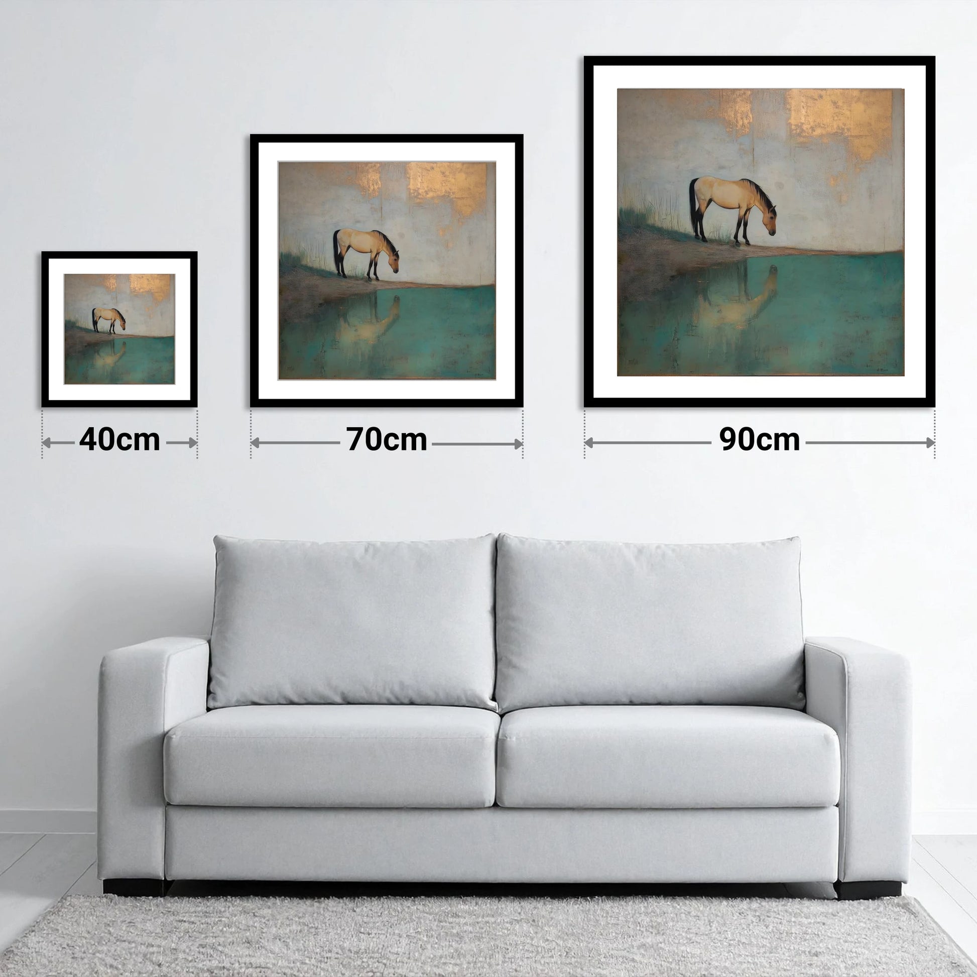 Gilded Equine Reflection - size guide showing 40cm, 70cm and 90cm art prints