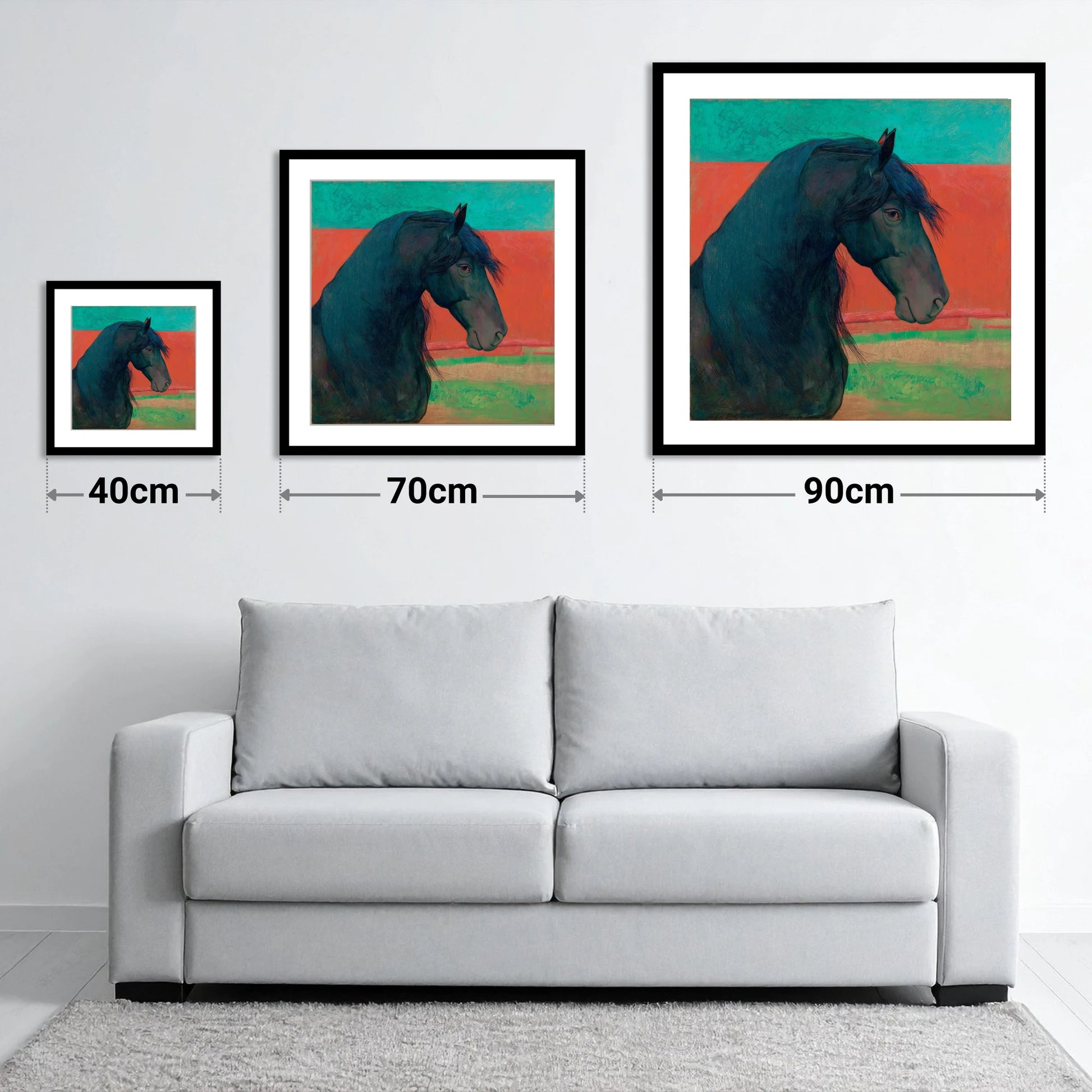Crimson Horizon Friesian - size guide showing 40cm, 70cm and 90cm art prints