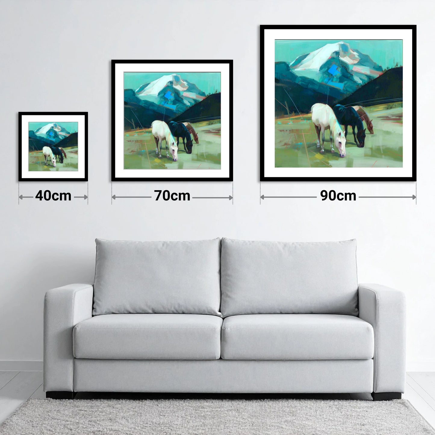 Teal Mountain Pasture - size guide showing 40cm, 70cm and 90cm art prints
