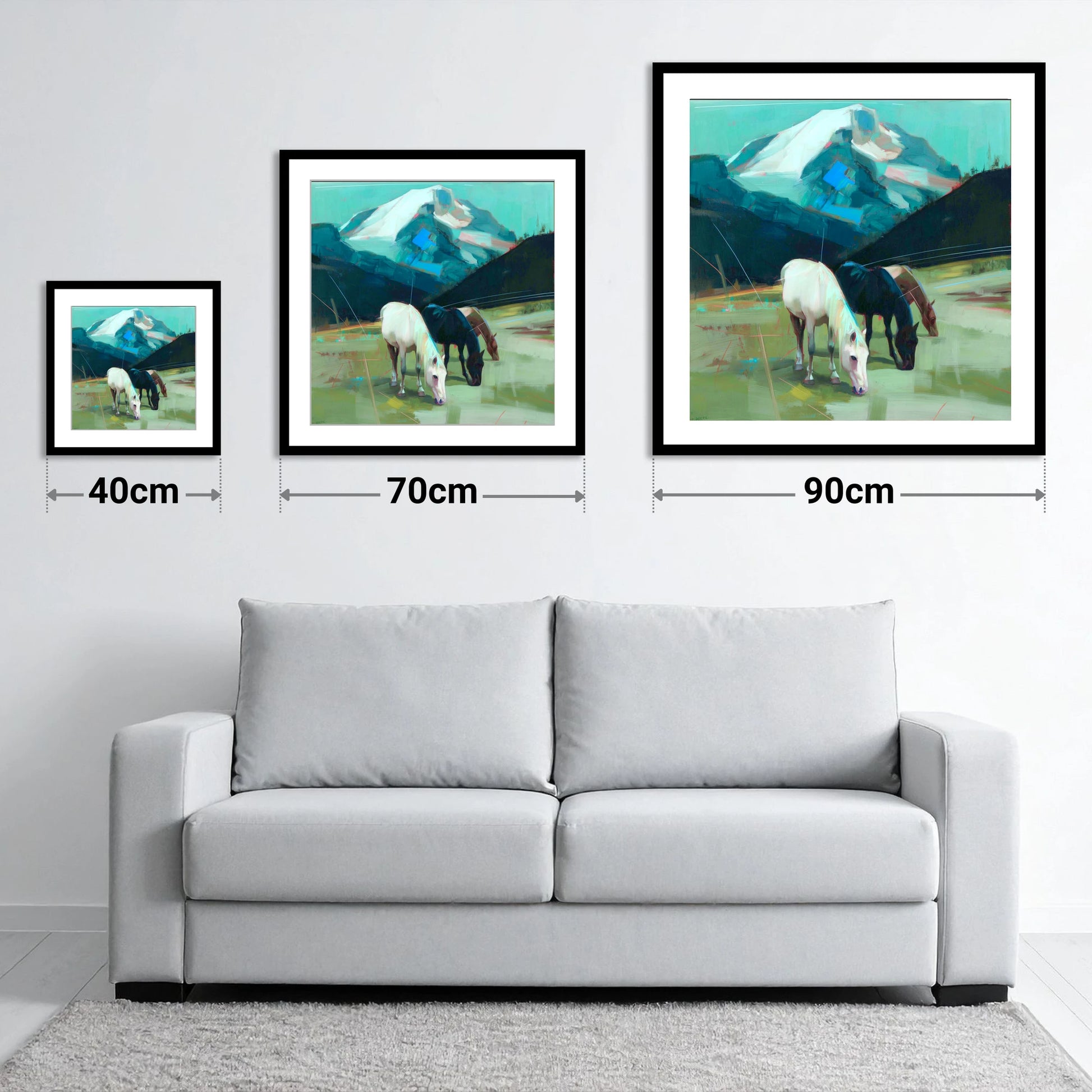 Teal Mountain Pasture - size guide showing 40cm, 70cm and 90cm art prints