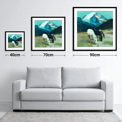 Teal Mountain Pasture - size guide showing 40cm, 70cm and 90cm art prints