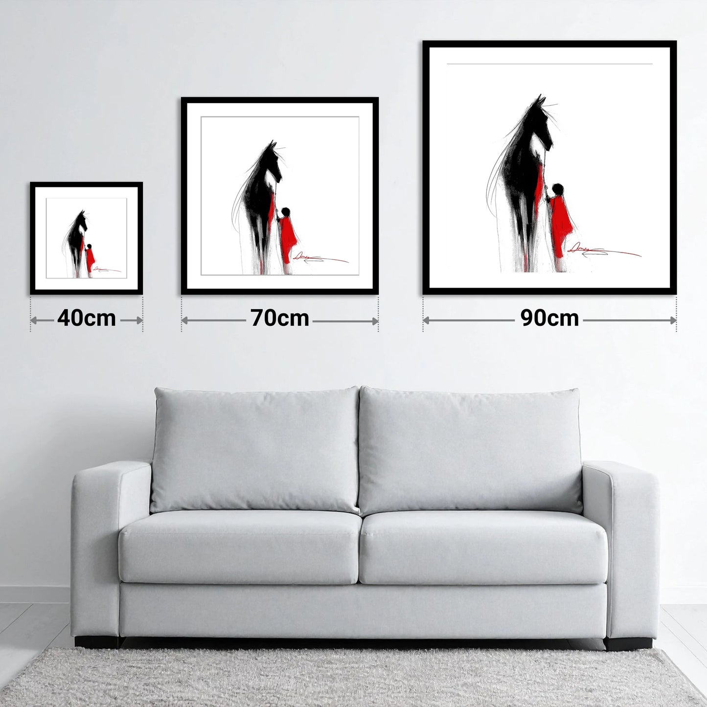 Crimson Connection - size guide showing 40cm, 70cm and 90cm art prints