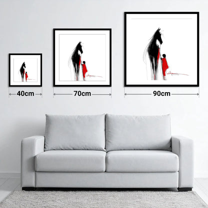 Crimson Connection - size guide showing 40cm, 70cm and 90cm art prints