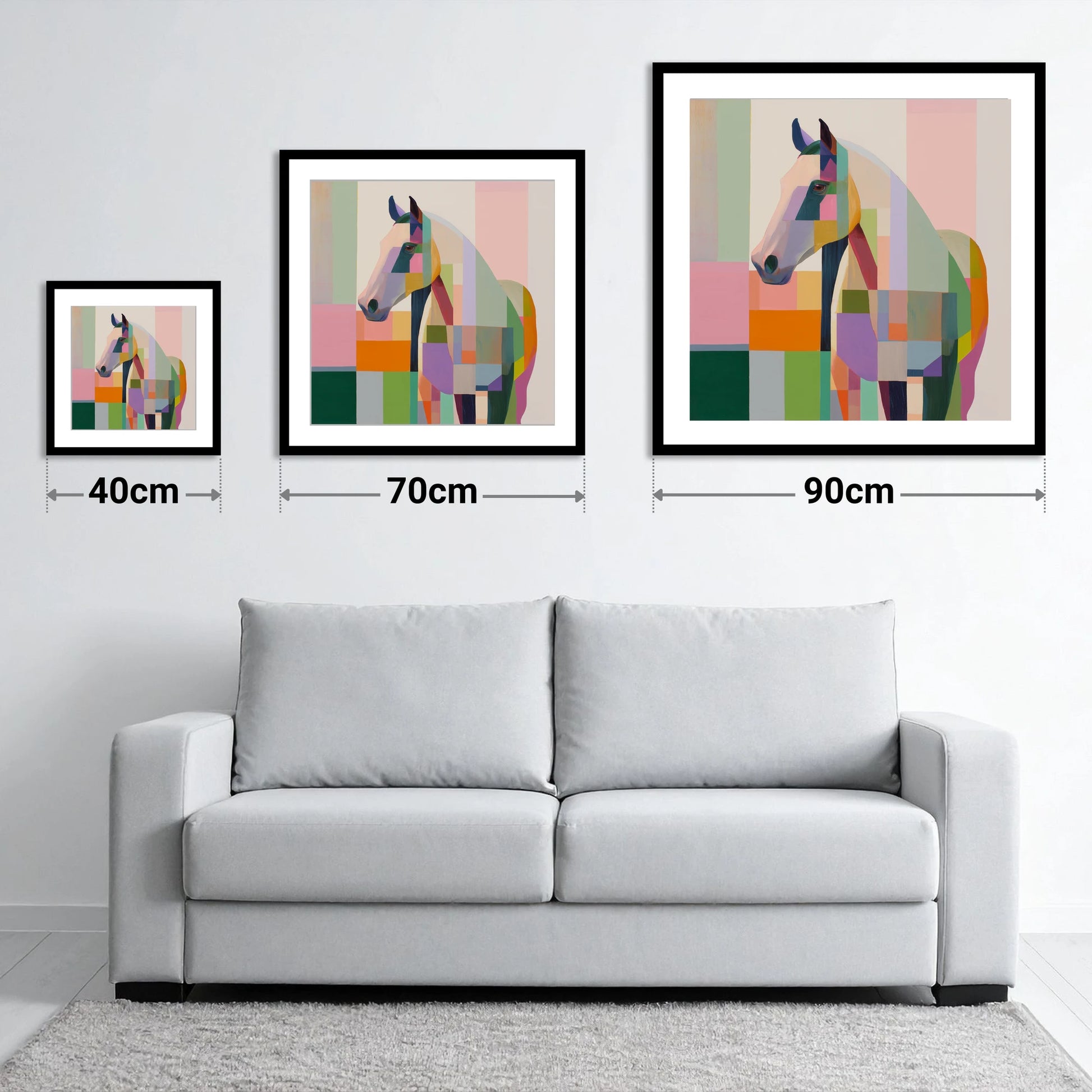 Prismatic Equine Profile - size guide showing 40cm, 70cm and 90cm art prints