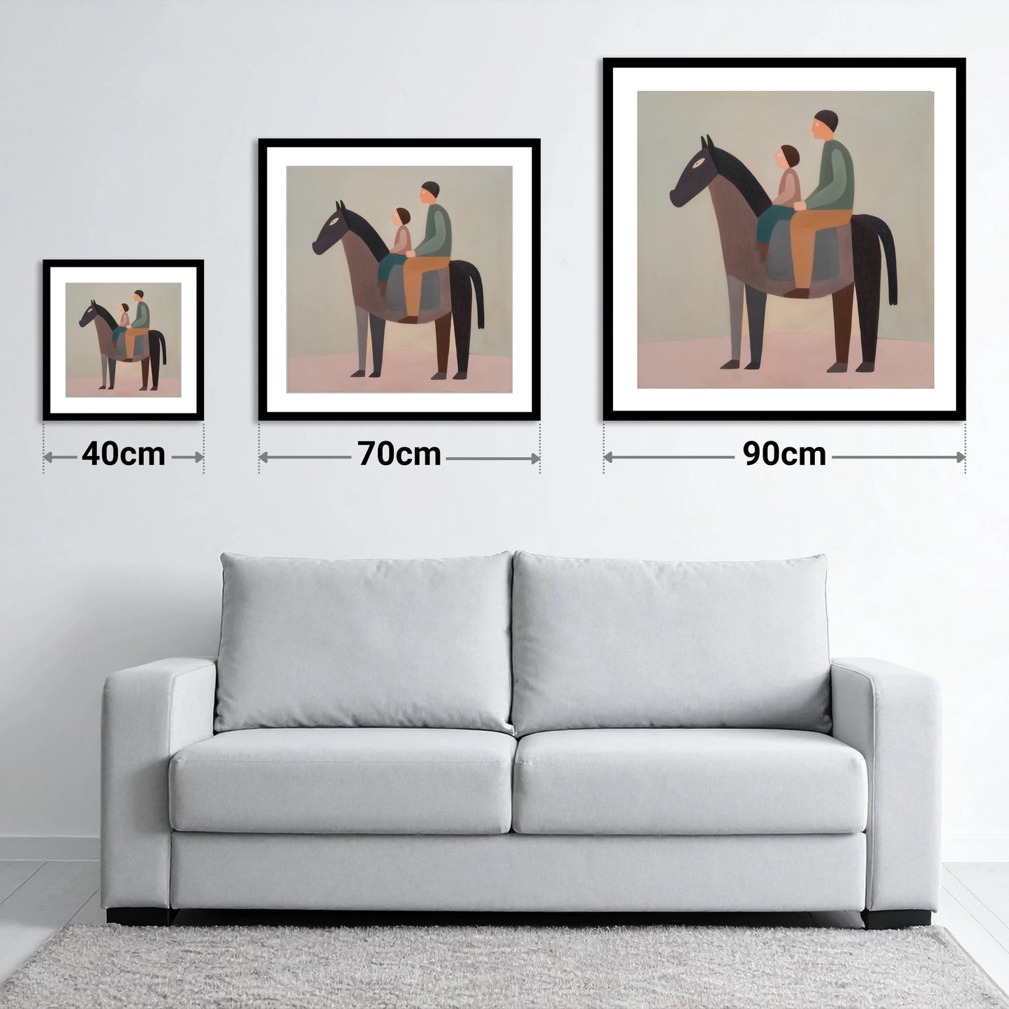 The Quiet Hack - size guide showing 40cm, 70cm and 90cm art prints