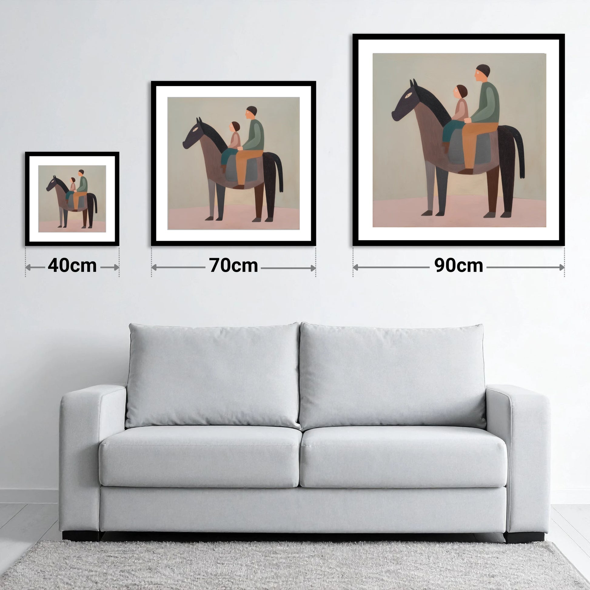 The Quiet Hack - size guide showing 40cm, 70cm and 90cm art prints