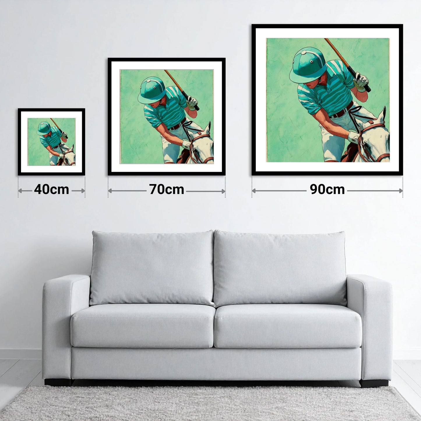 The Striker's Focus - size guide showing 40cm, 70cm and 90cm art prints