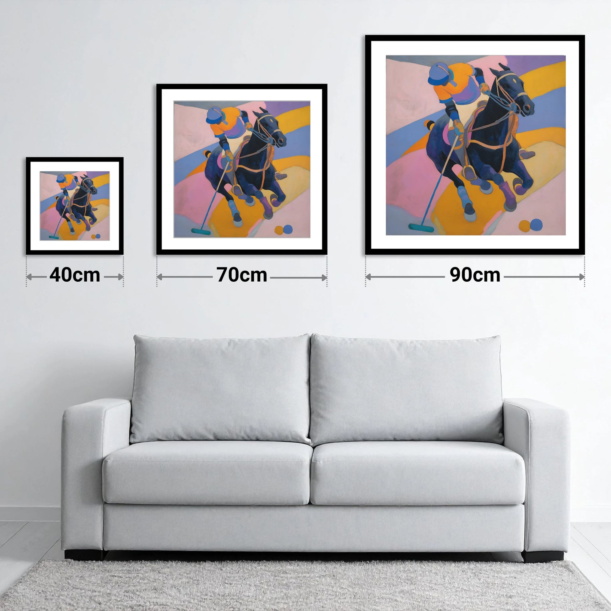 Vivid Polo Strike - size guide showing 40cm, 70cm and 90cm art prints