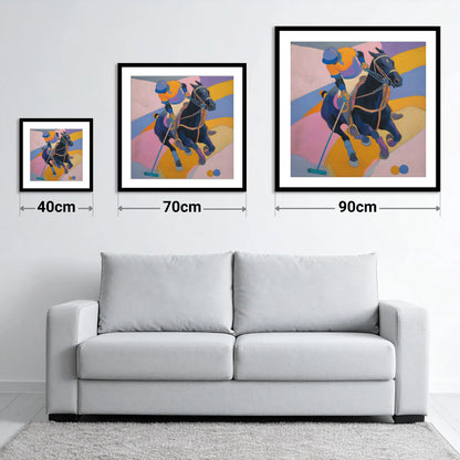 Vivid Polo Strike - size guide showing 40cm, 70cm and 90cm art prints