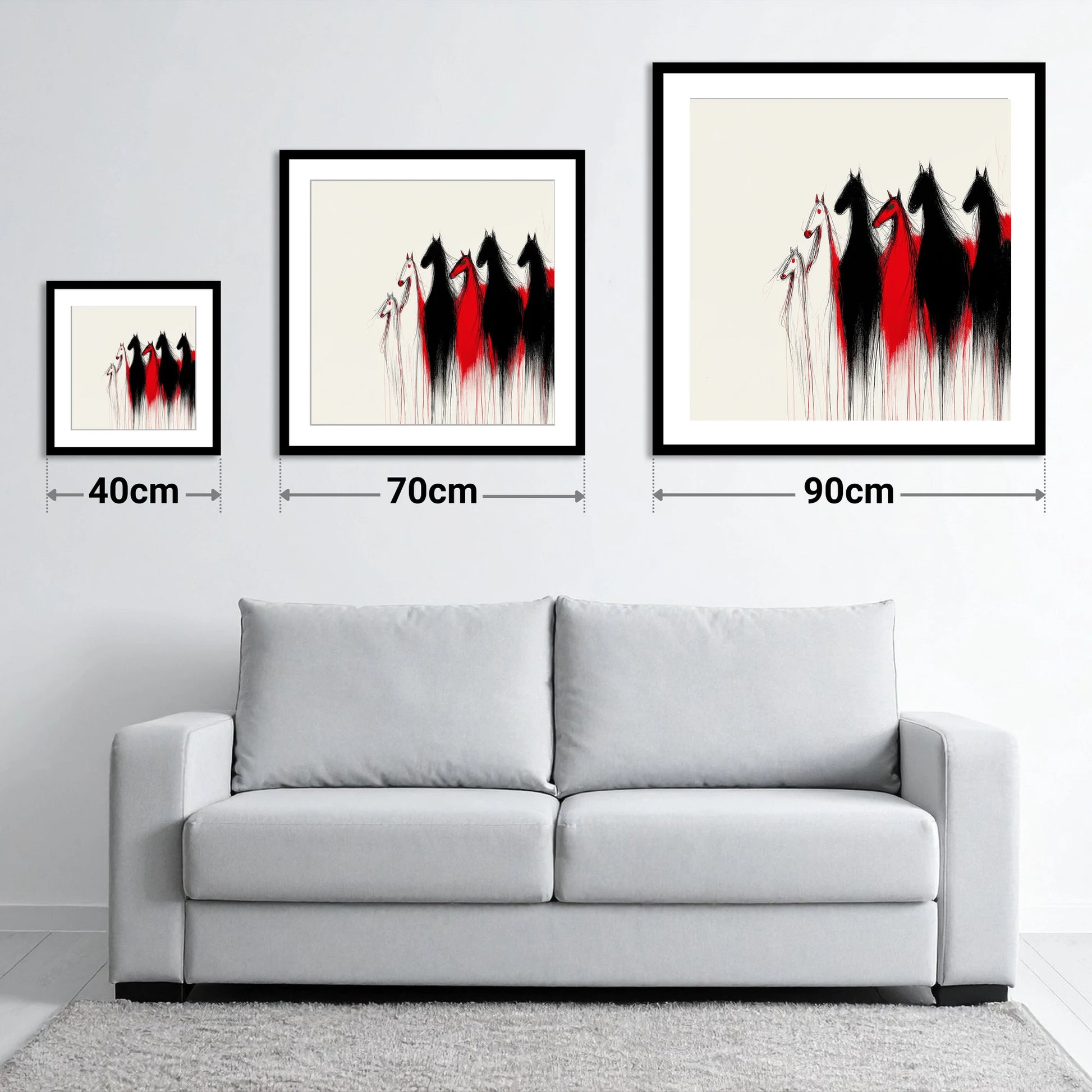 Crimson Herd Silhouettes - size guide showing 40cm, 70cm and 90cm art prints