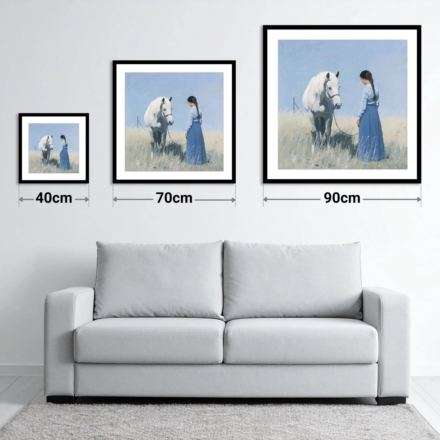 The Silent Conversation - size guide showing 40cm, 70cm and 90cm art prints