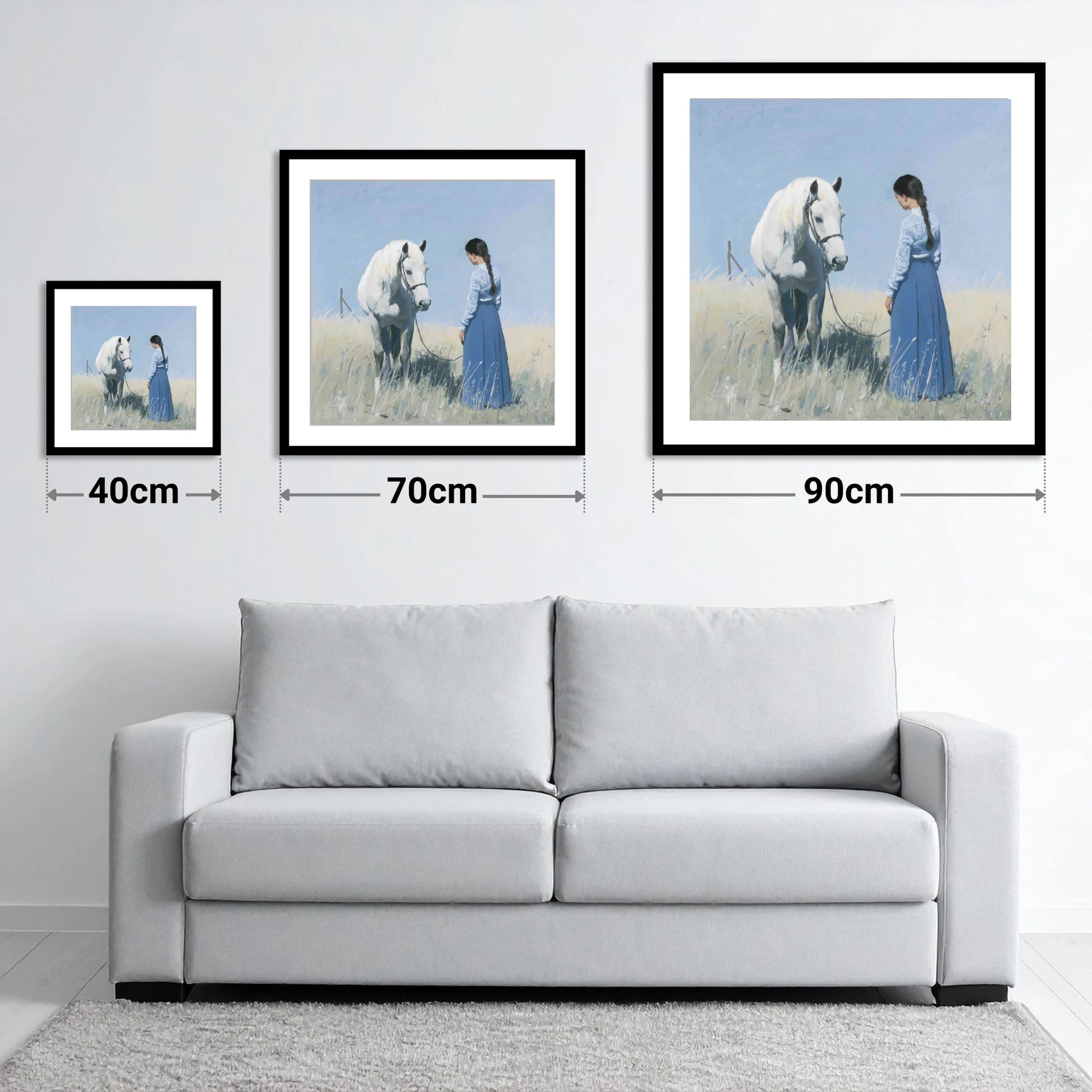 The Silent Conversation - size guide showing 40cm, 70cm and 90cm art prints