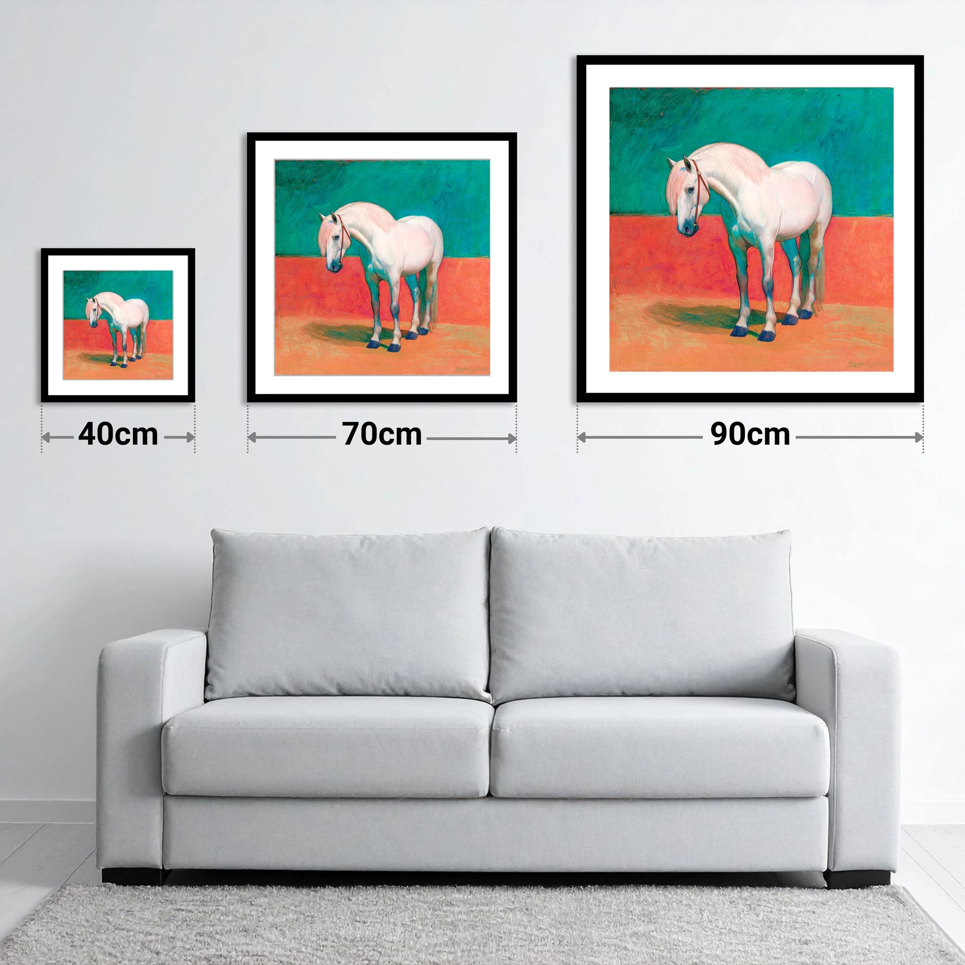 The Painted Grey - size guide showing 40cm, 70cm and 90cm art prints
