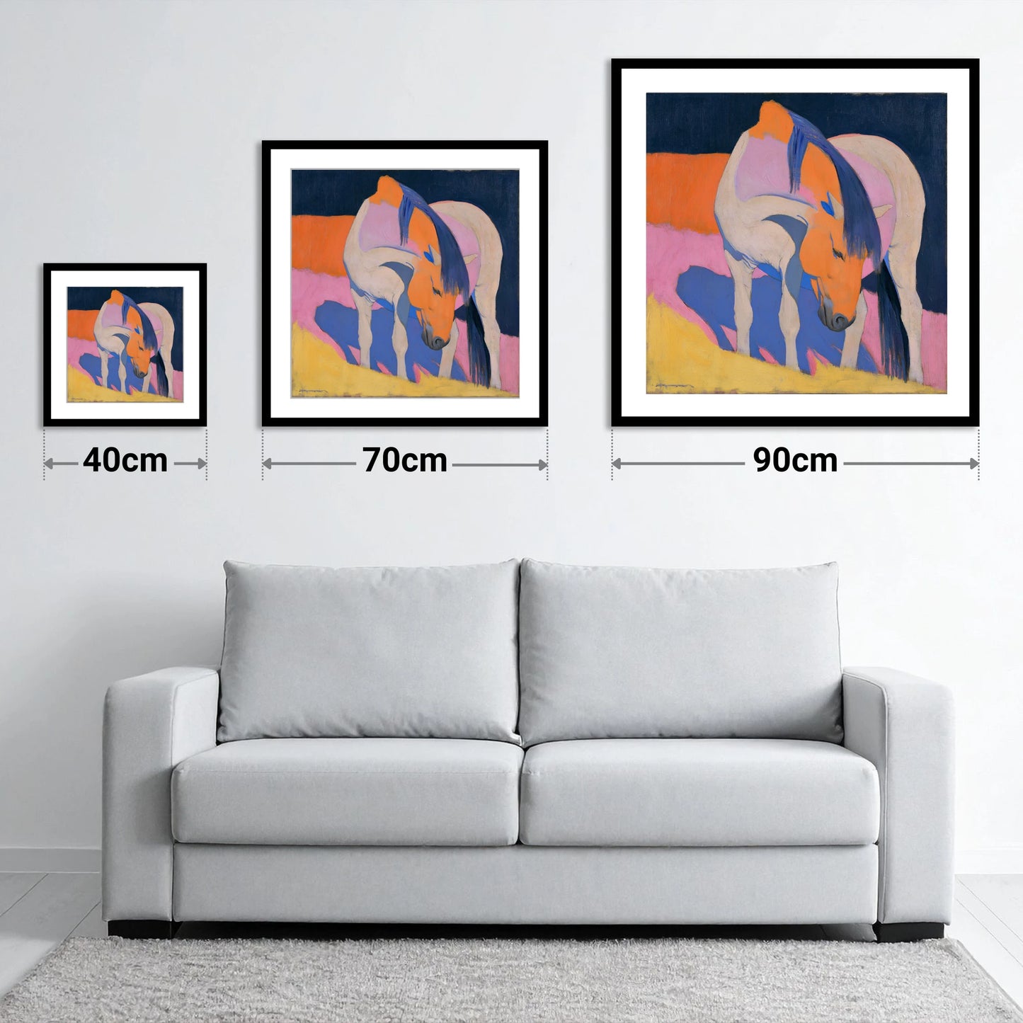 Vibrant Horse with Blue Mane - size guide showing 40cm, 70cm and 90cm art prints