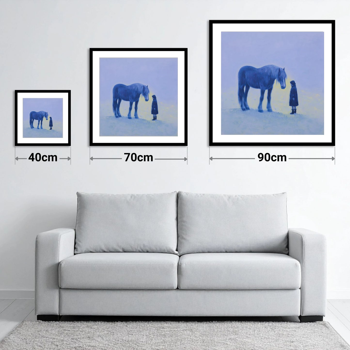 The Indigo Encounter - size guide showing 40cm, 70cm and 90cm art prints