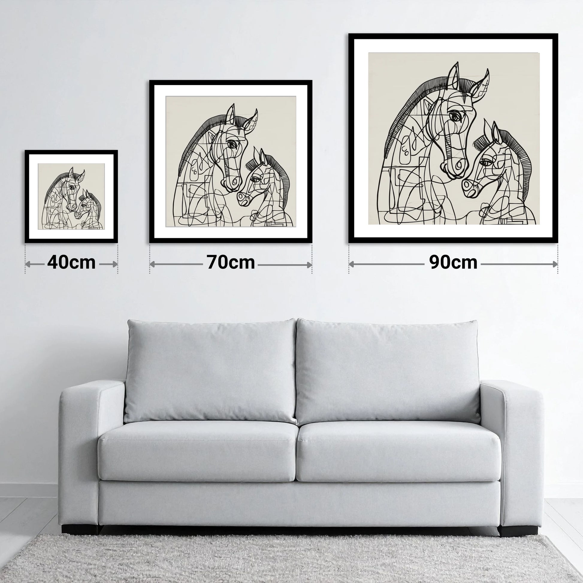 Structured Bond - size guide showing 40cm, 70cm and 90cm art prints