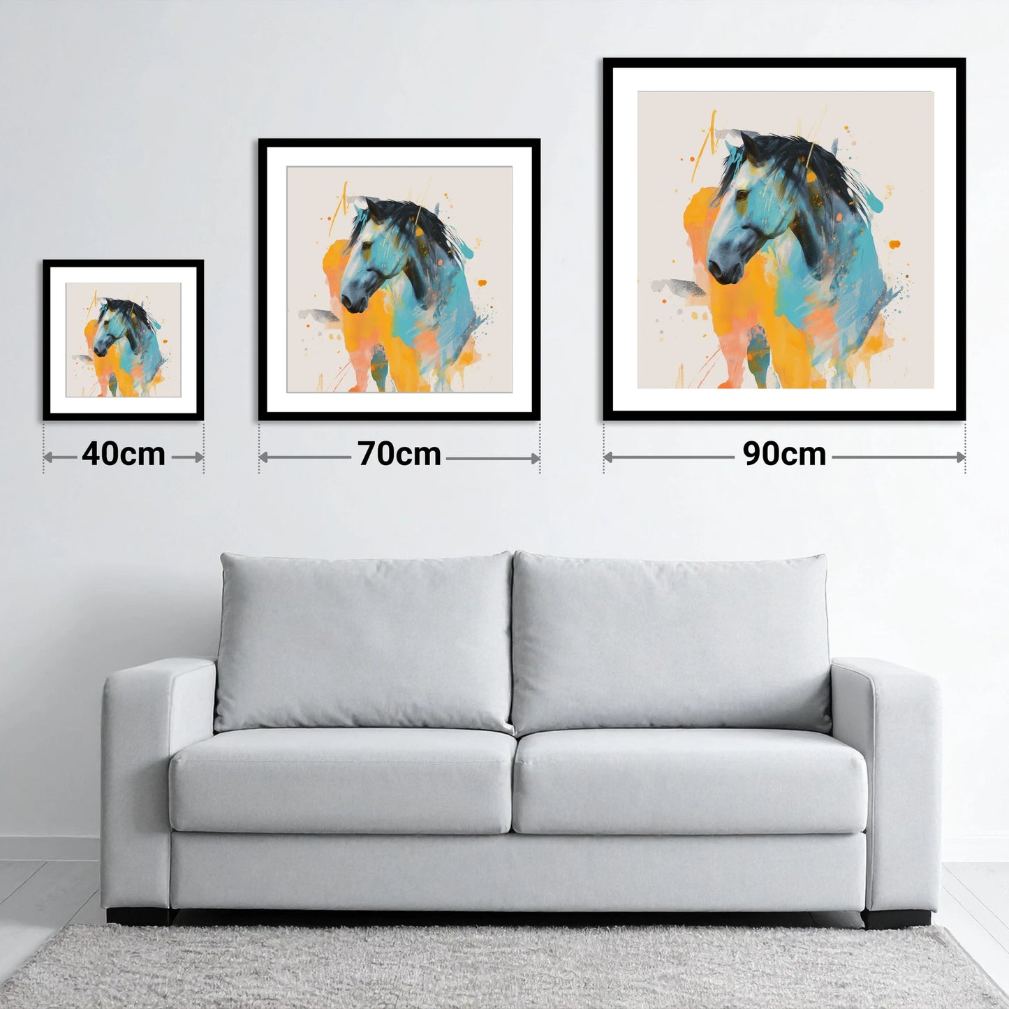 Azure Spirit - size guide showing 40cm, 70cm and 90cm art prints