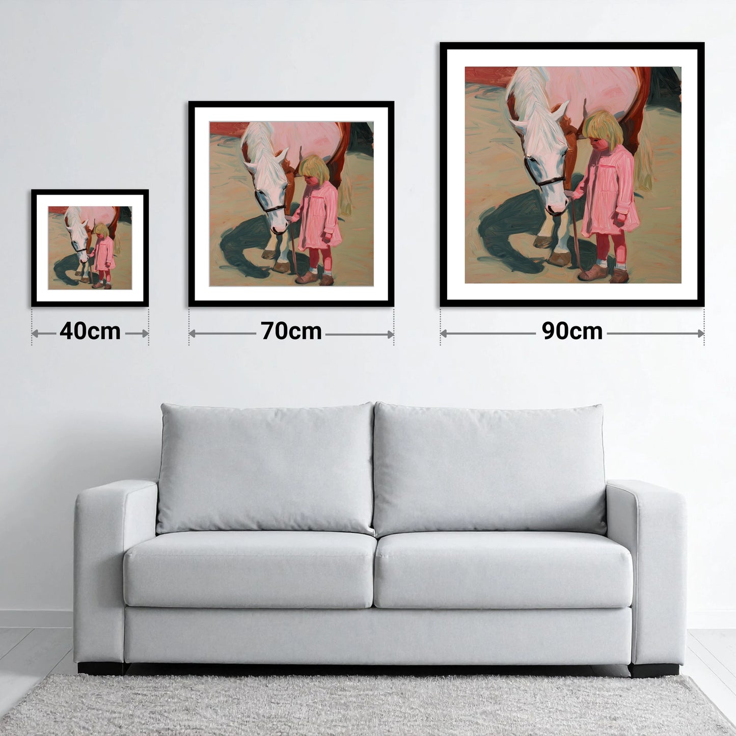 A Quiet Understanding - size guide showing 40cm, 70cm and 90cm art prints