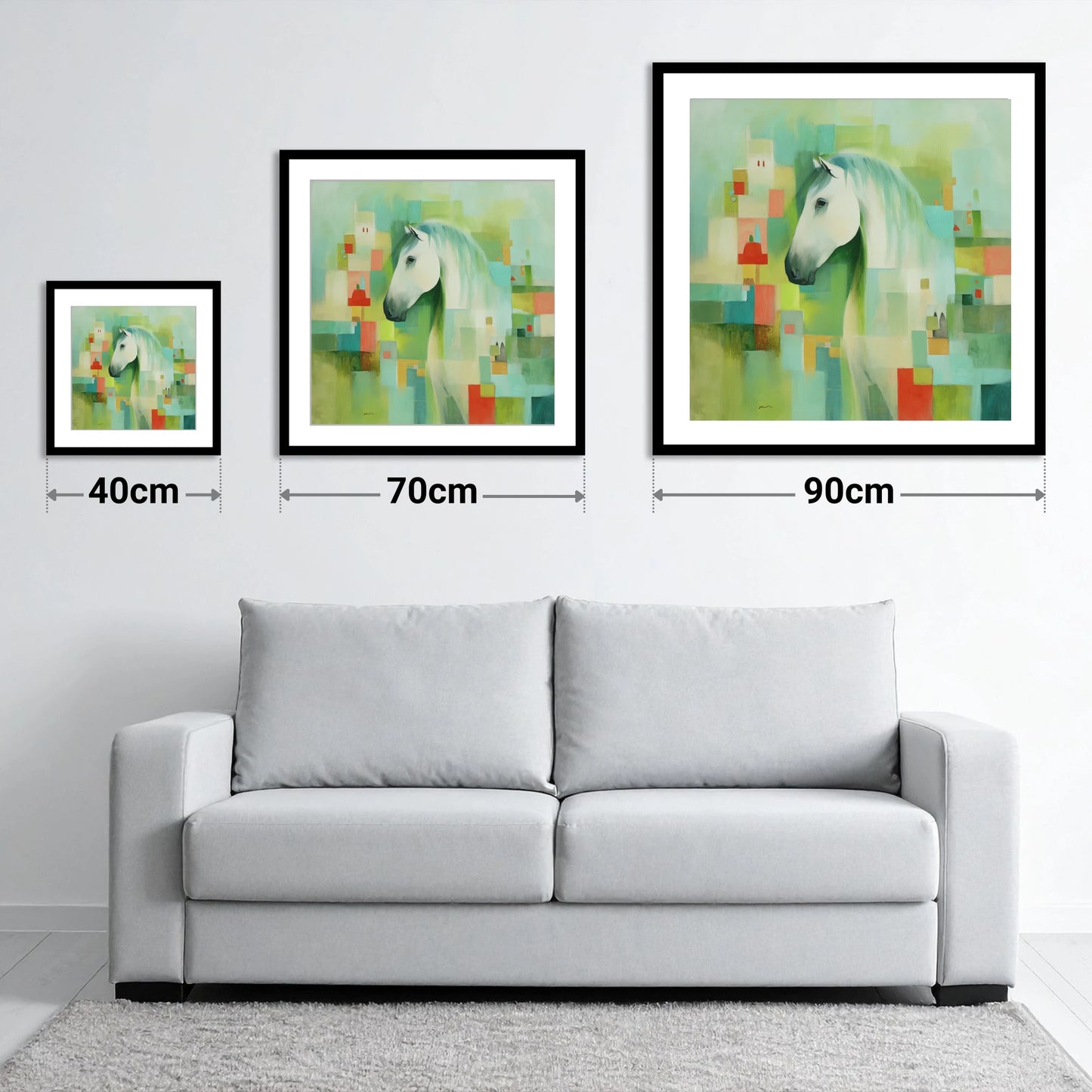 Abstract Grey Harmony - size guide showing 40cm, 70cm and 90cm art prints