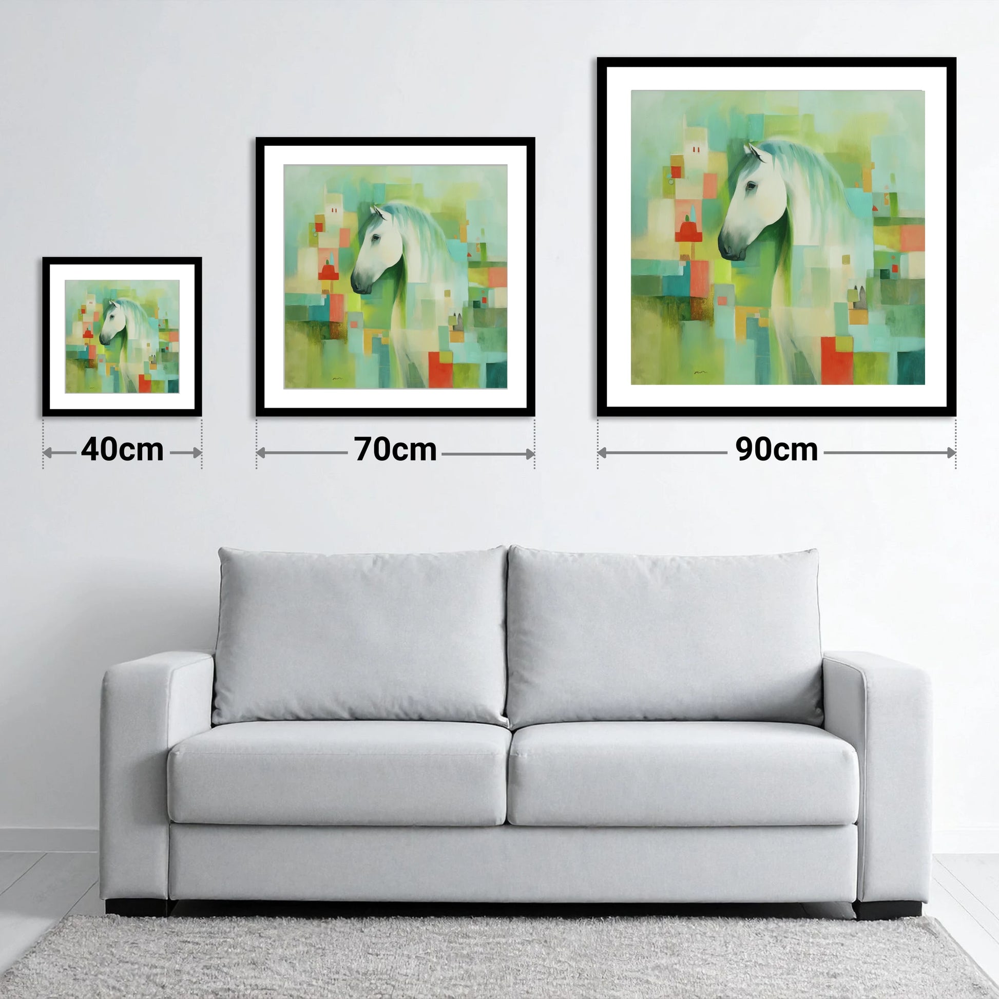 Abstract Grey Harmony - size guide showing 40cm, 70cm and 90cm art prints